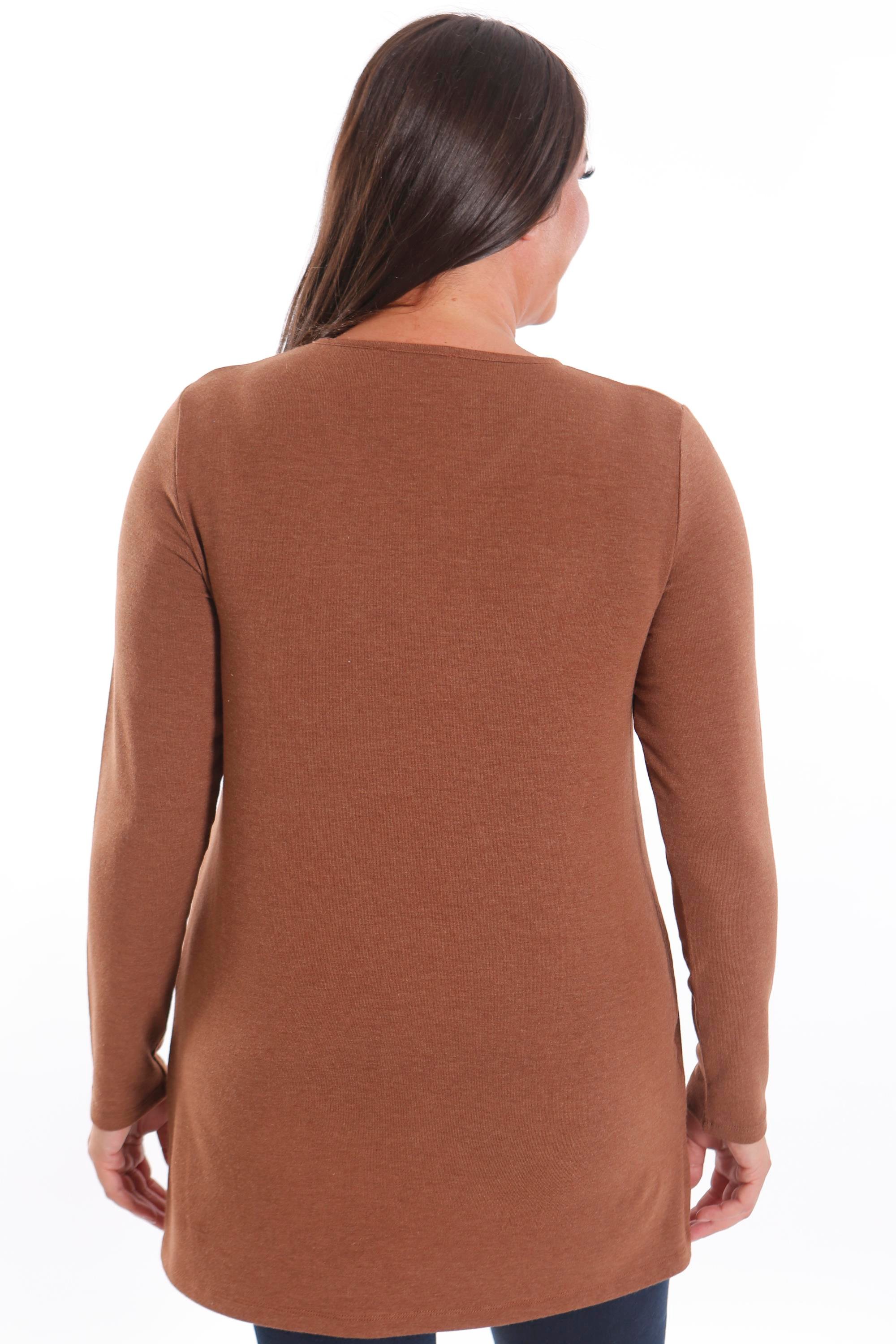 Trend42plus Büyük Beden V Yaka Yırtmaçlı Basic Kahverengi Bluz