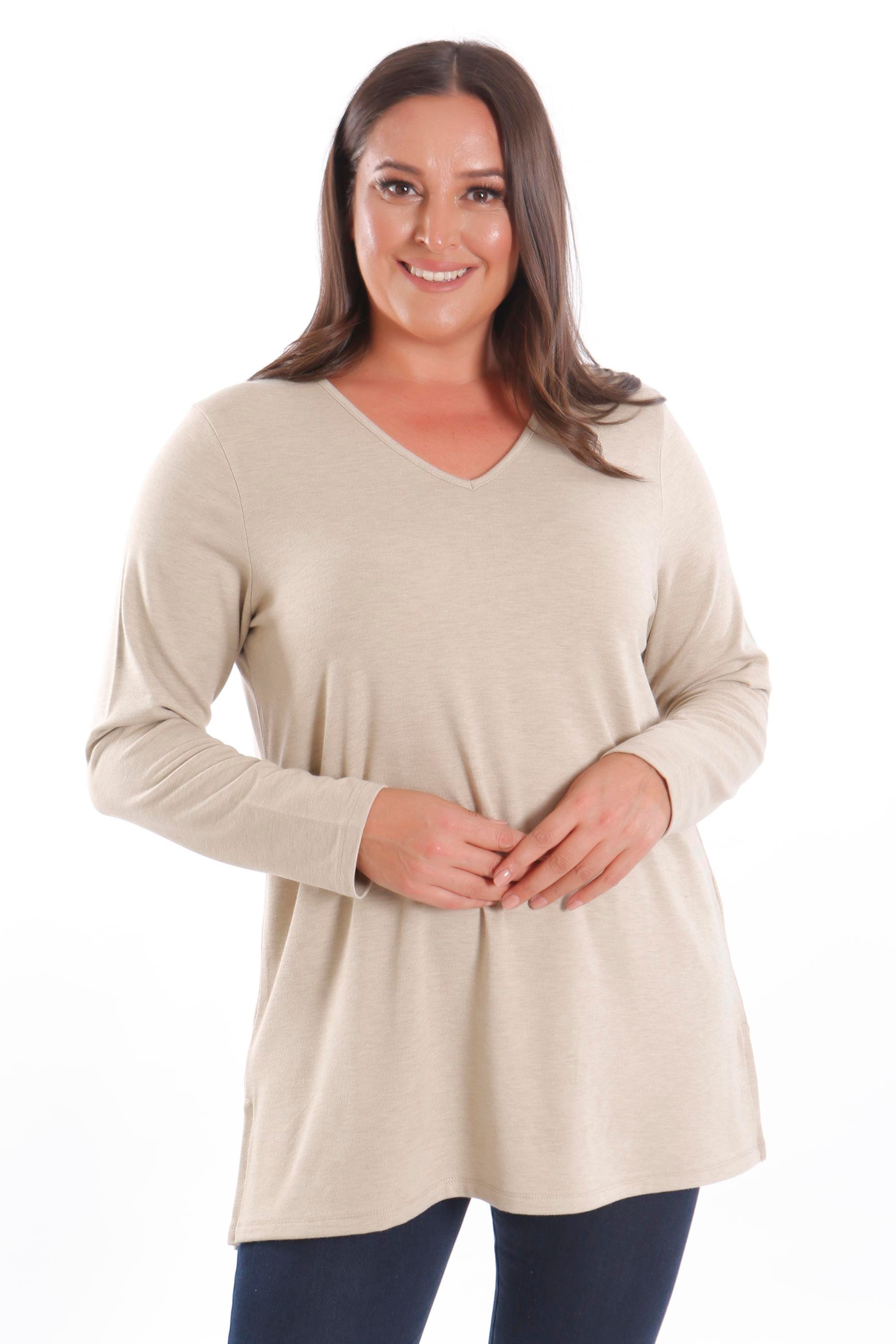 Trend42plus Büyük Beden V Yaka Yırtmaçlı Basic Bej Bluz