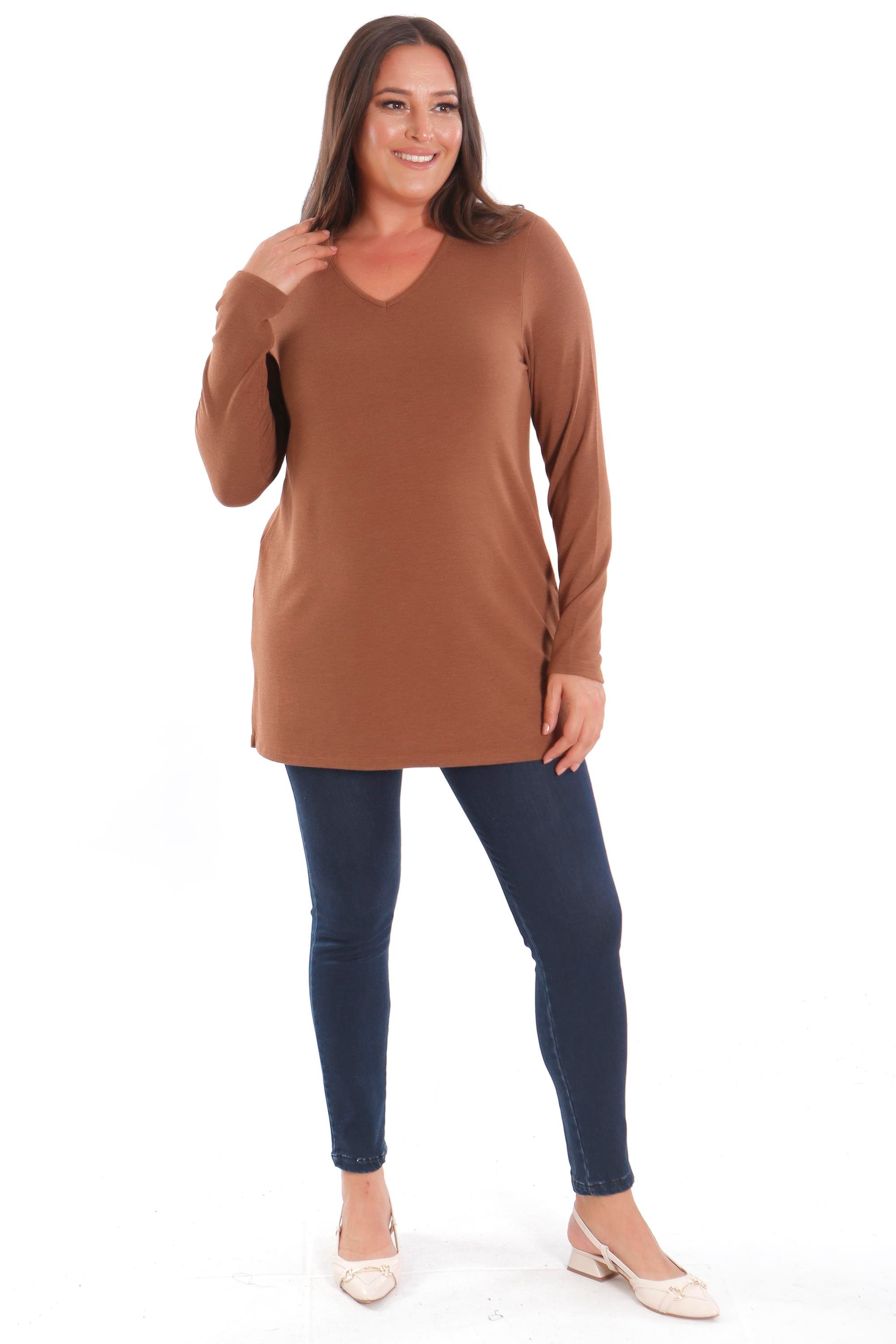 Trend42plus Büyük Beden V Yaka Yırtmaçlı Basic Kahverengi Bluz