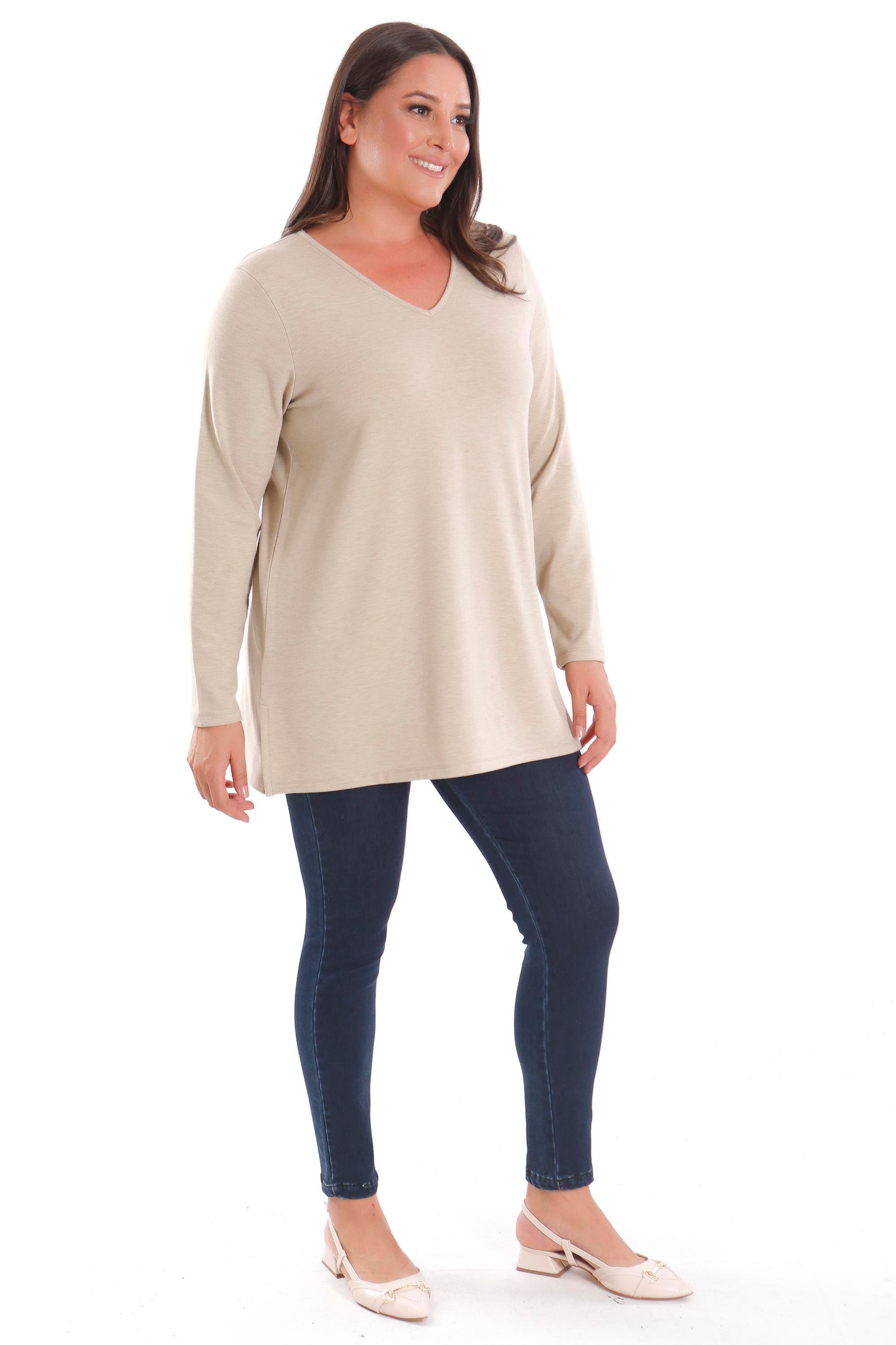 Trend42plus Büyük Beden V Yaka Yırtmaçlı Basic Bej Bluz
