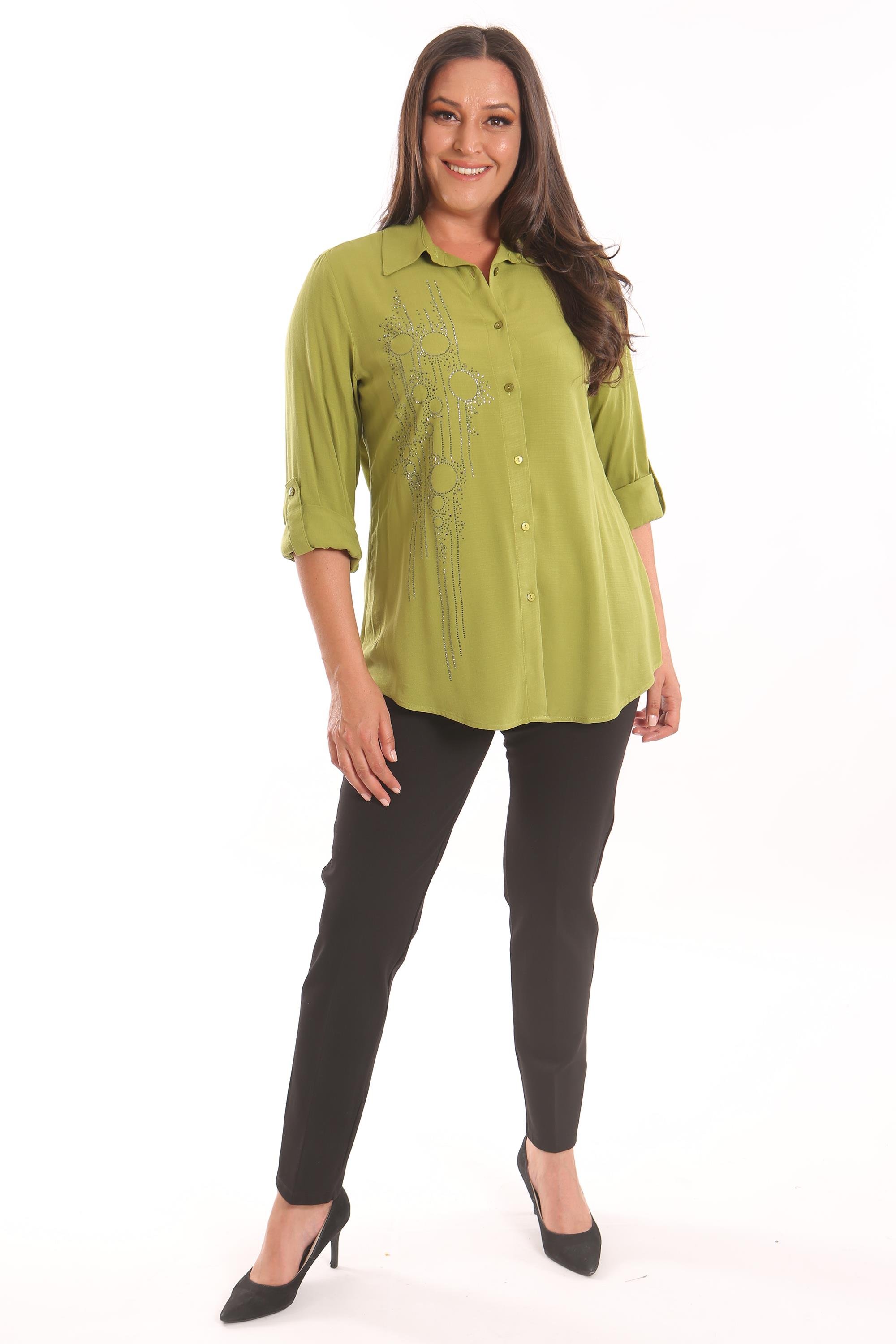Trend42plus Büyük Beden Yağ Yeşili Taş Baskılı Dokuma Gömlek
