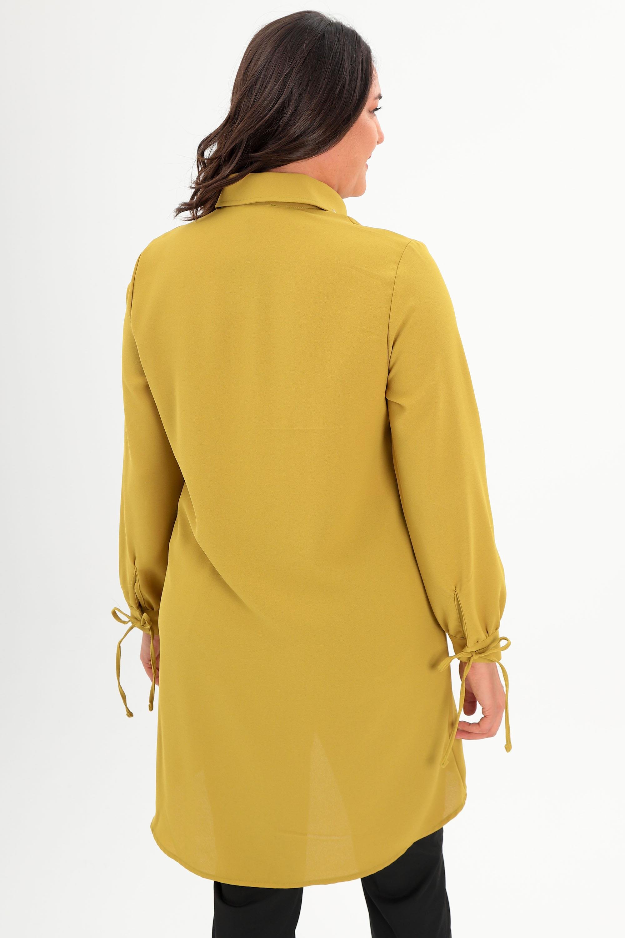 Trend42plus Büyük Beden Yakası Baget Taşlı Yağ Yeşili Tunik