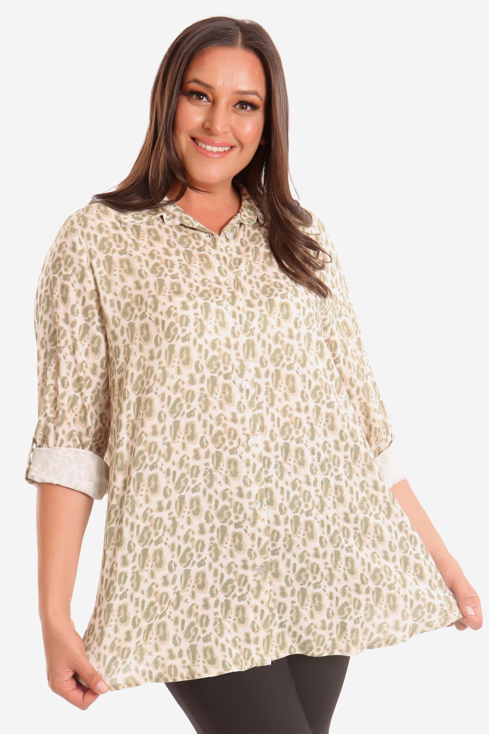 Trend42plus Büyük Beden Yeşil Leopar Desen Dijital Baskılı Gömlek 