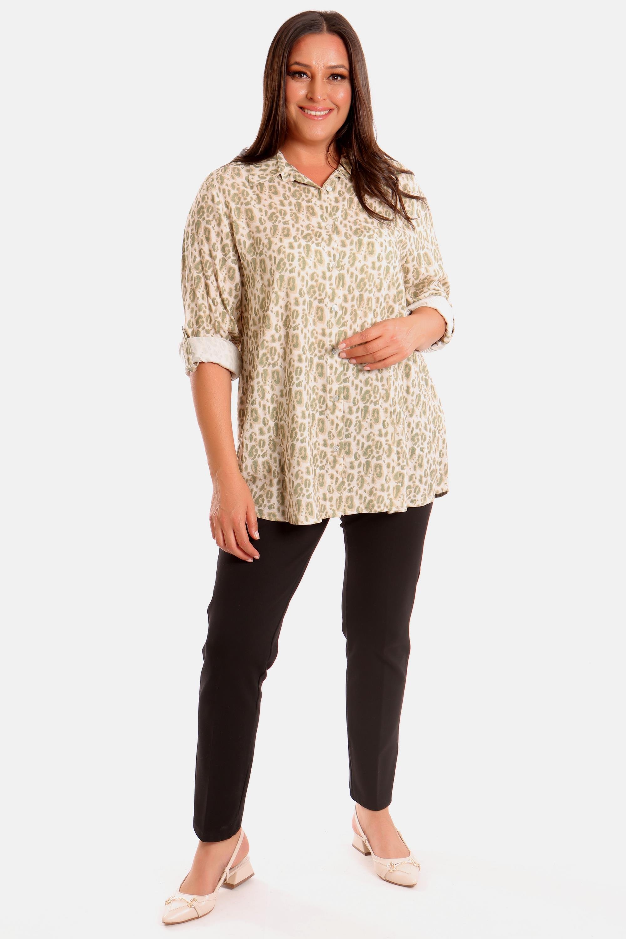 Trend42plus Büyük Beden Yeşil Leopar Desen Dijital Baskılı Gömlek 