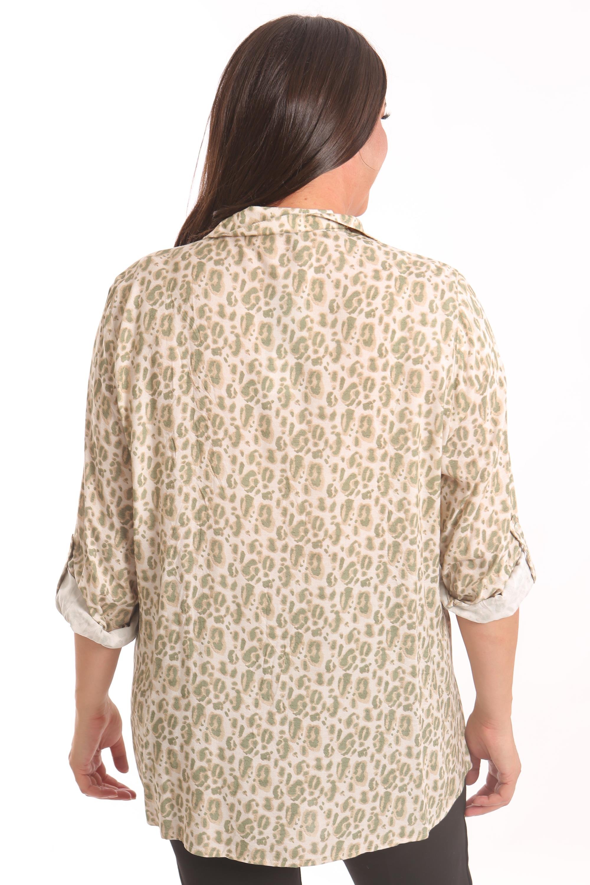 Trend42plus Büyük Beden Yeşil Leopar Desen Dijital Baskılı Gömlek 