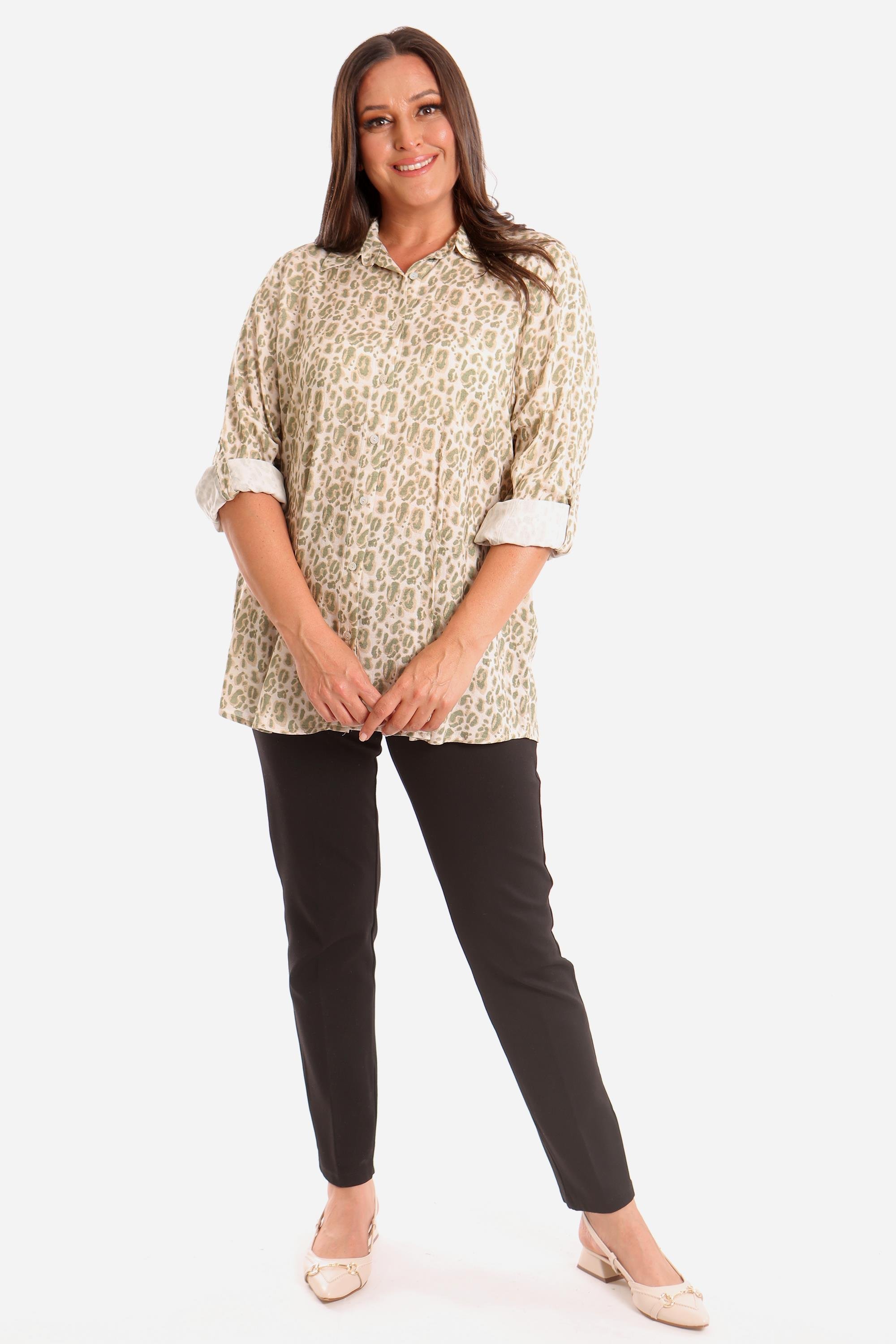 Trend42plus Büyük Beden Yeşil Leopar Desen Dijital Baskılı Gömlek 