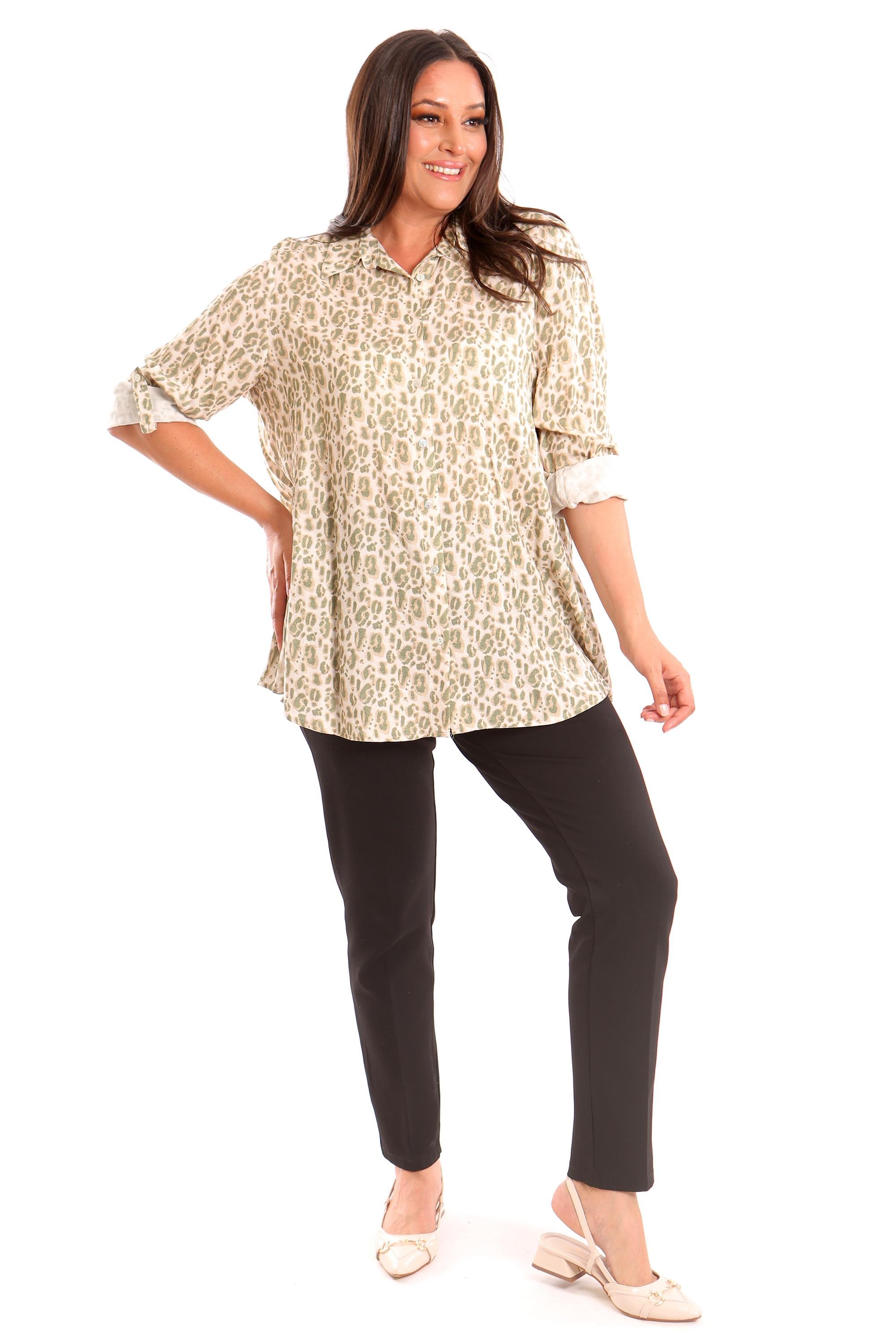Trend42plus Büyük Beden Yeşil Leopar Desen Dijital Baskılı Gömlek 
