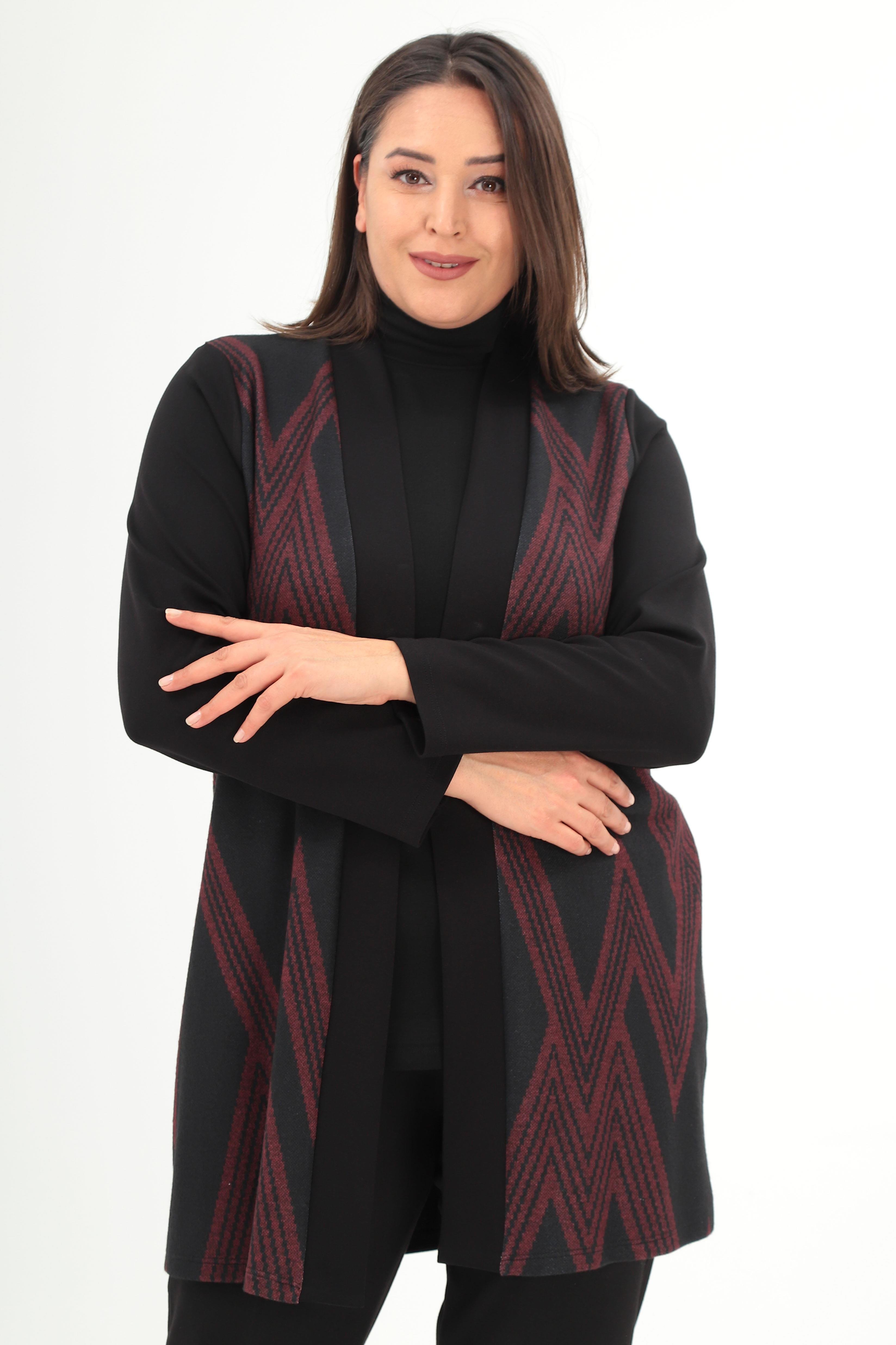 Trend42plus Büyük Beden Zik Zak Desenli Bordo Hırka