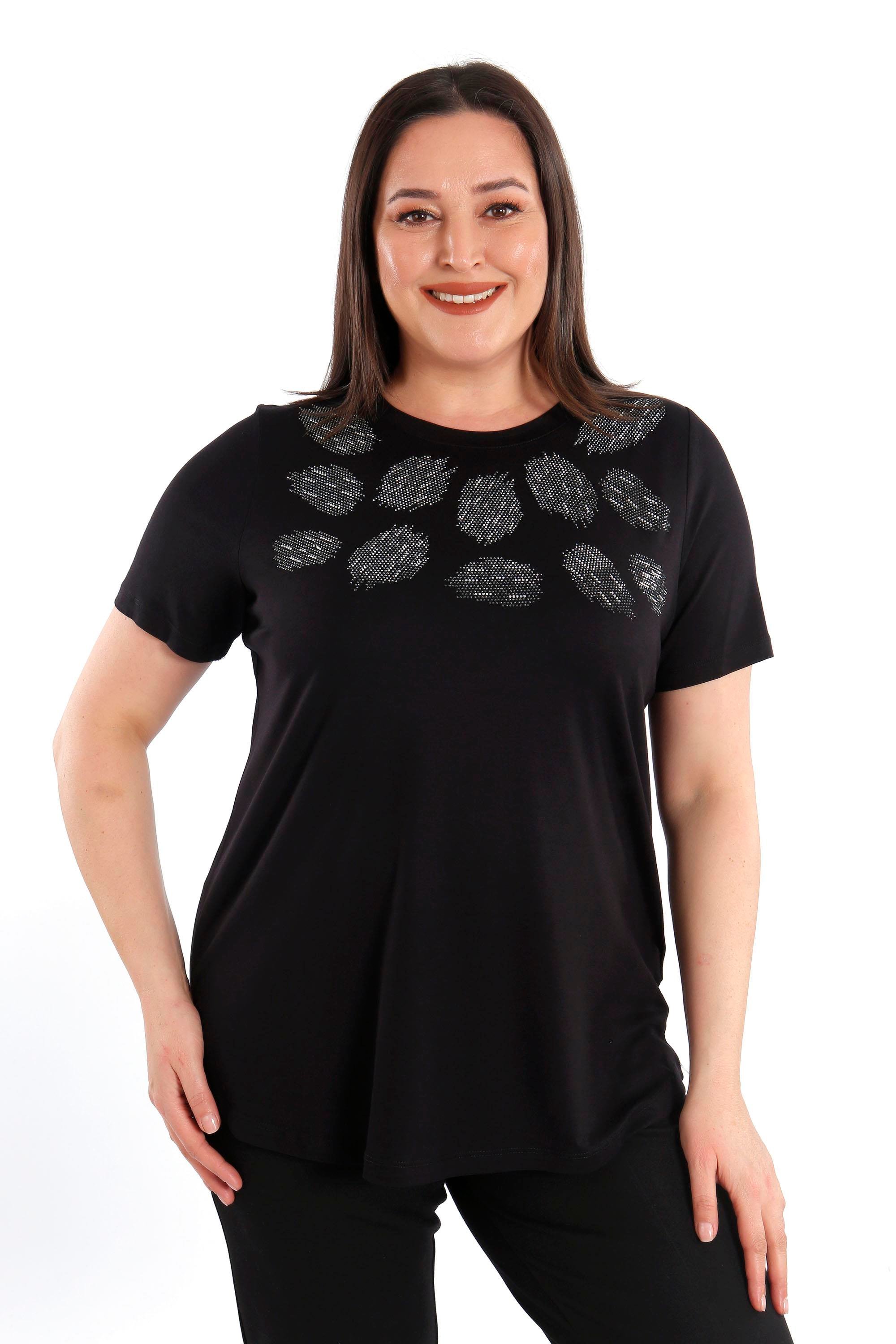 Trend42plus Crystal taşlı Kısa Kol Büyük Beden Viskoz Siyah Kadın T-Shirt
