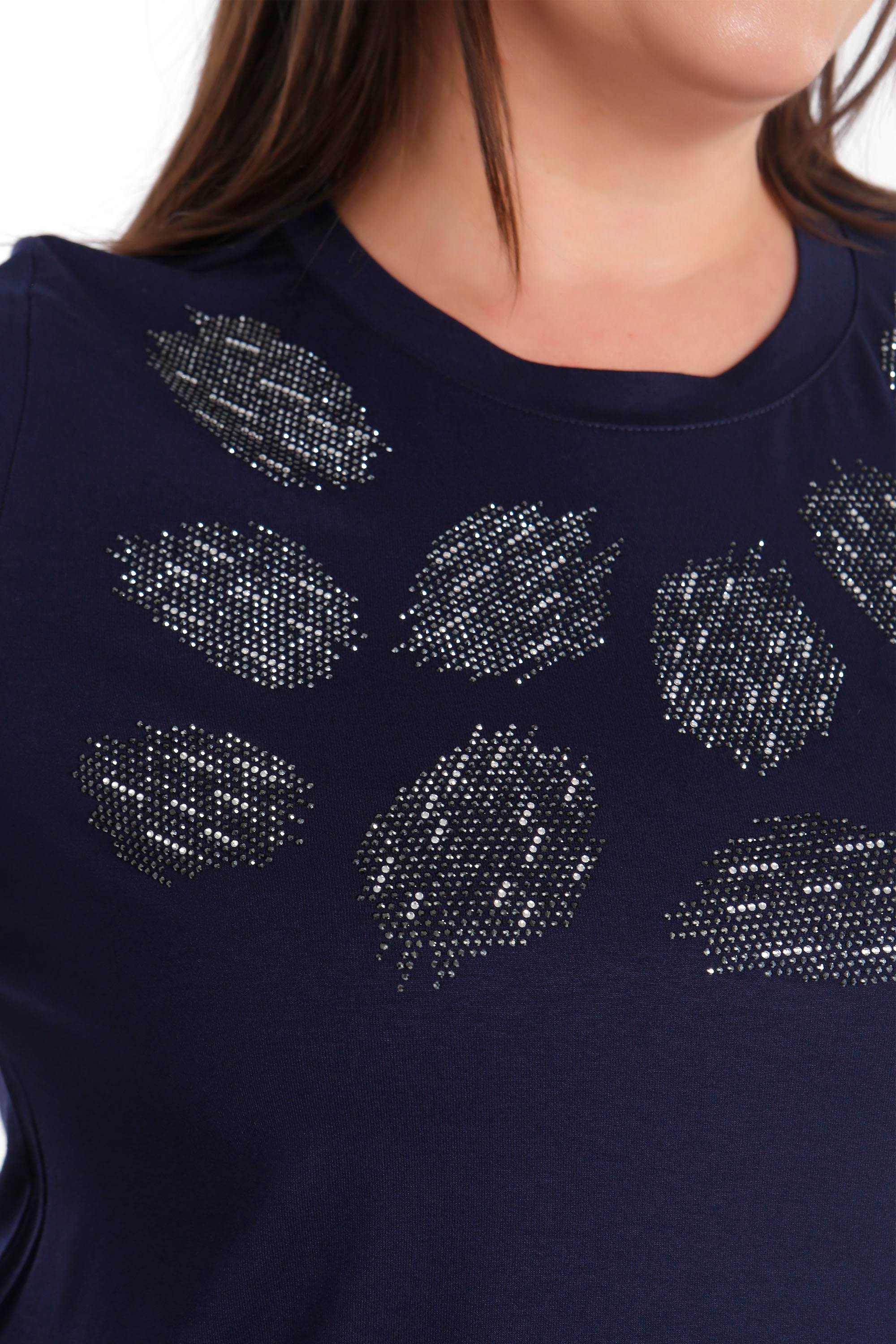 Trend42plus Crystal taşlı Kısa Kol Büyük Beden Viskoz Lacivert Kadın T-Shirt