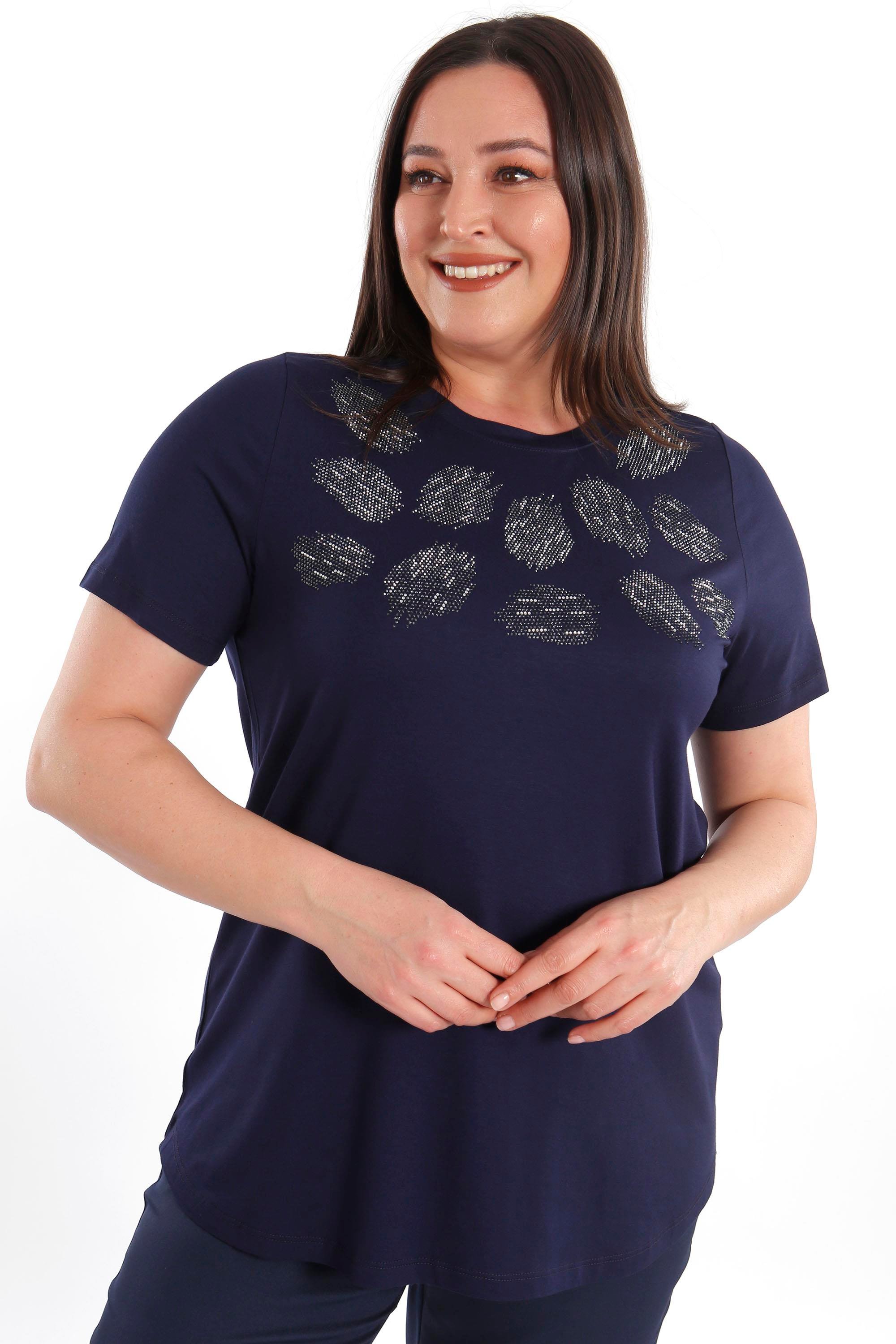 Trend42plus Crystal taşlı Kısa Kol Büyük Beden Viskoz Lacivert Kadın T-Shirt
