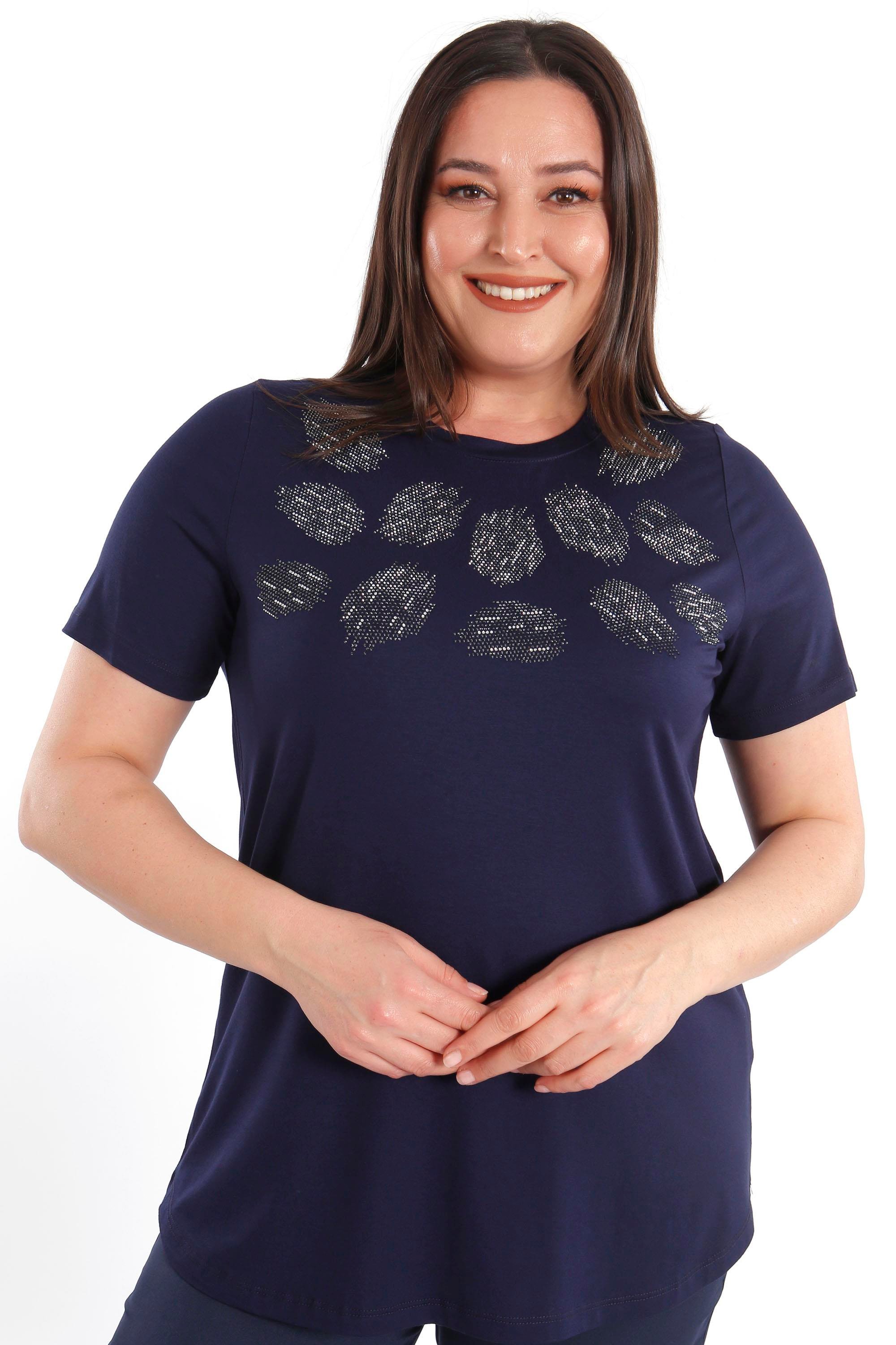 Trend42plus Crystal taşlı Kısa Kol Büyük Beden Viskoz Lacivert Kadın T-Shirt