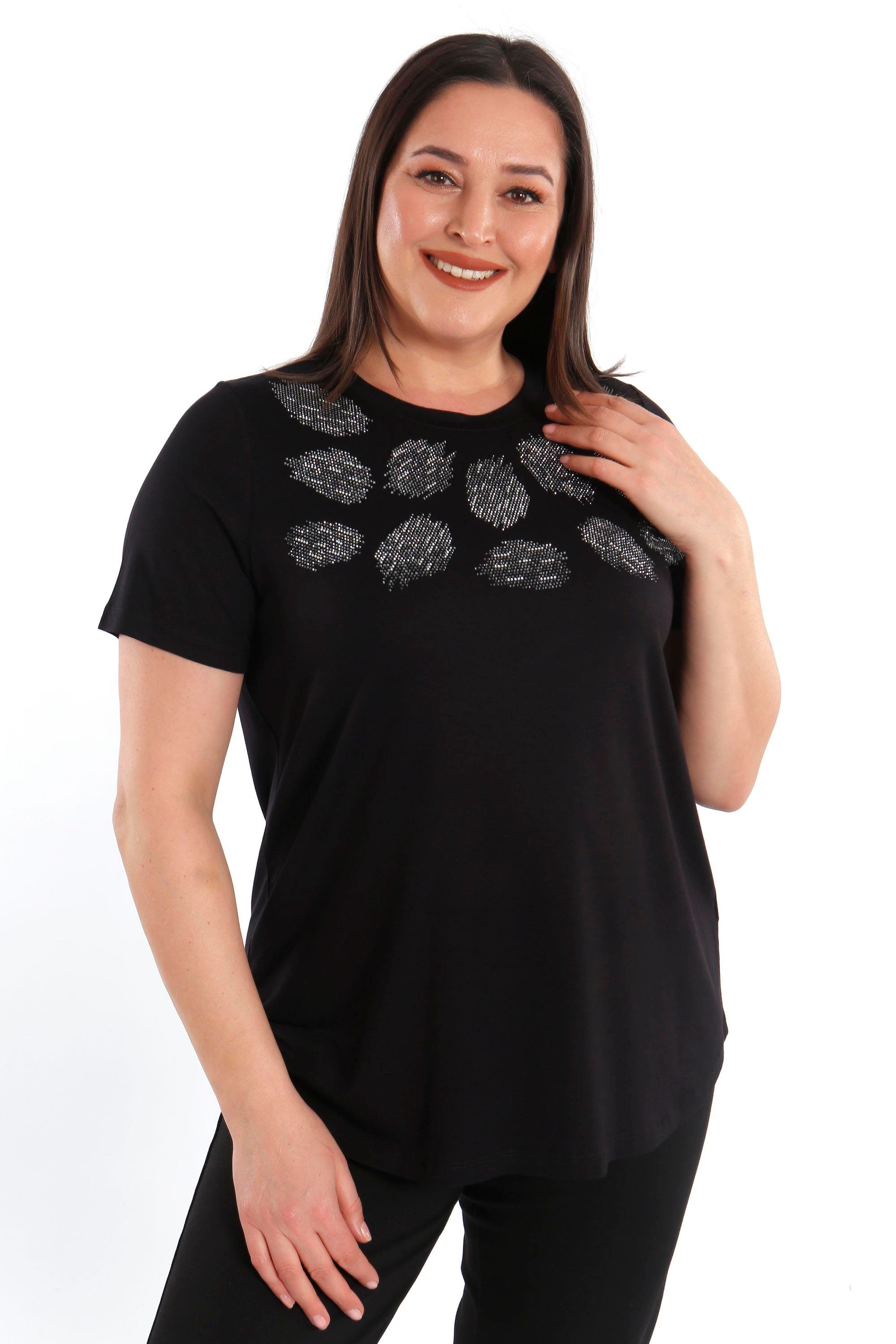 Trend42plus Crystal taşlı Kısa Kol Büyük Beden Viskoz Siyah Kadın T-Shirt