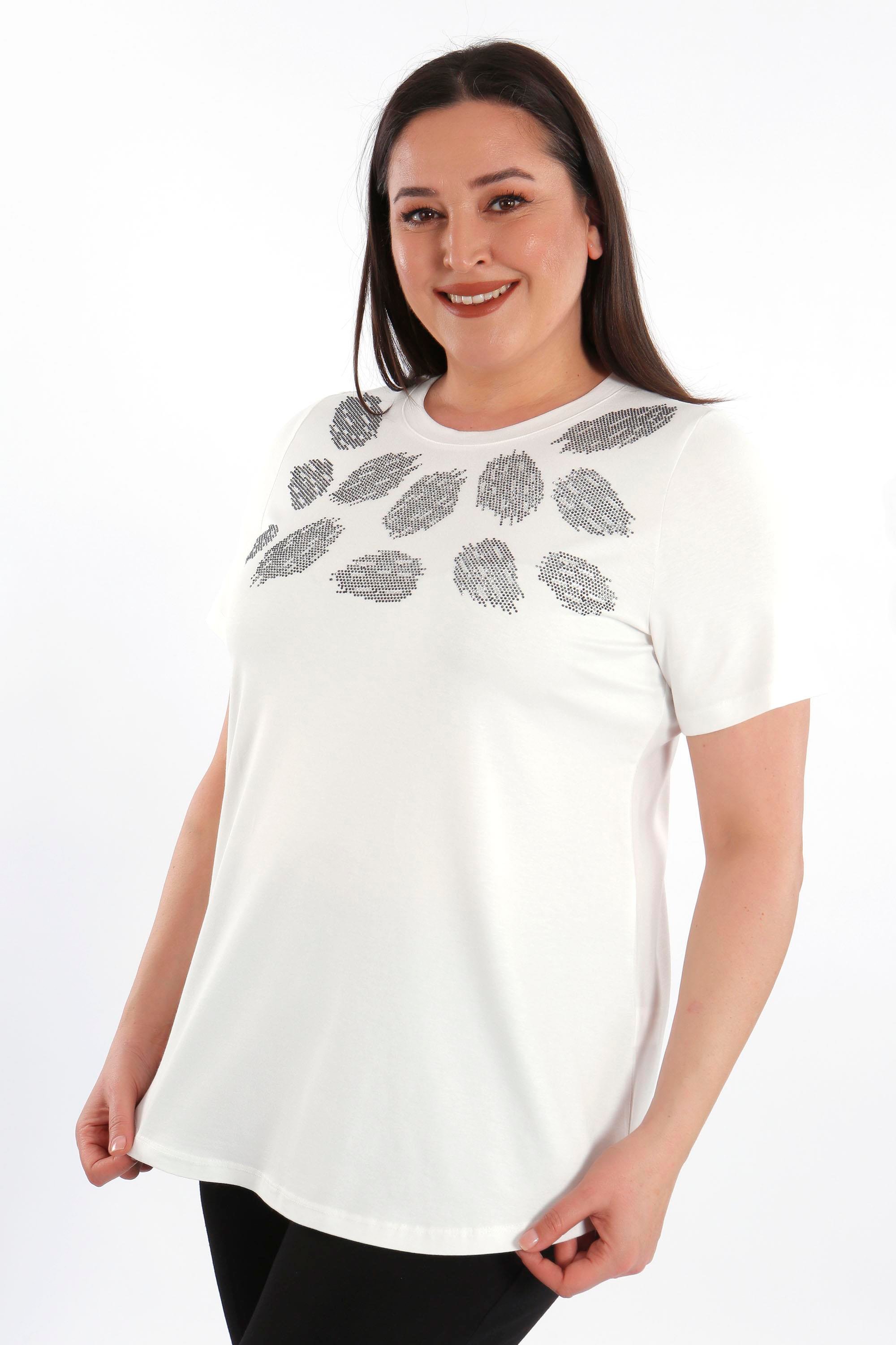 Trend42plus Crystal taşlı Kısa Kol Büyük Beden Viskoz Ekru Kadın T-Shirt