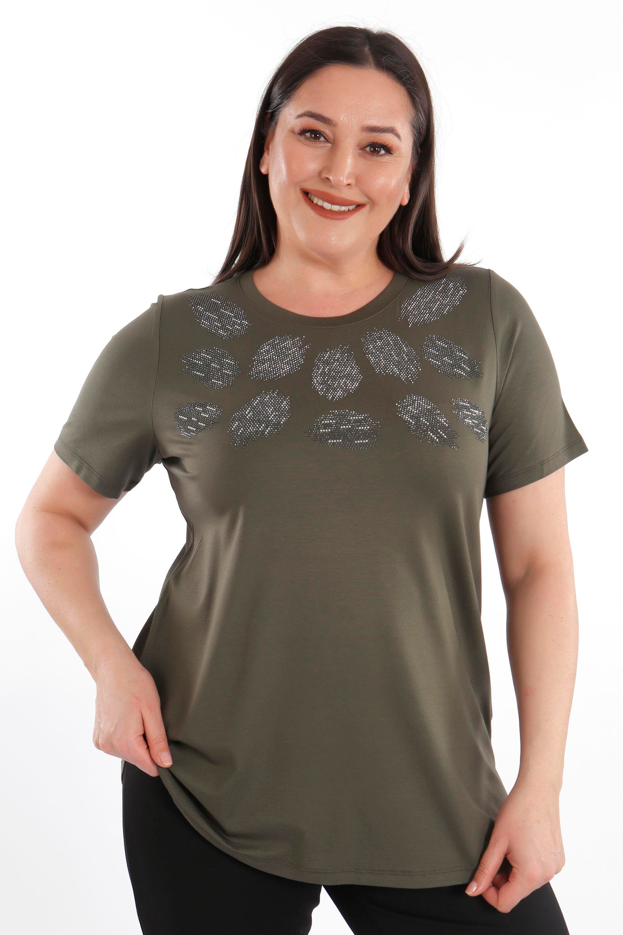 Trend42plus Crystal taşlı Kısa Kol Büyük Beden Viskoz Haki Kadın T-Shirt