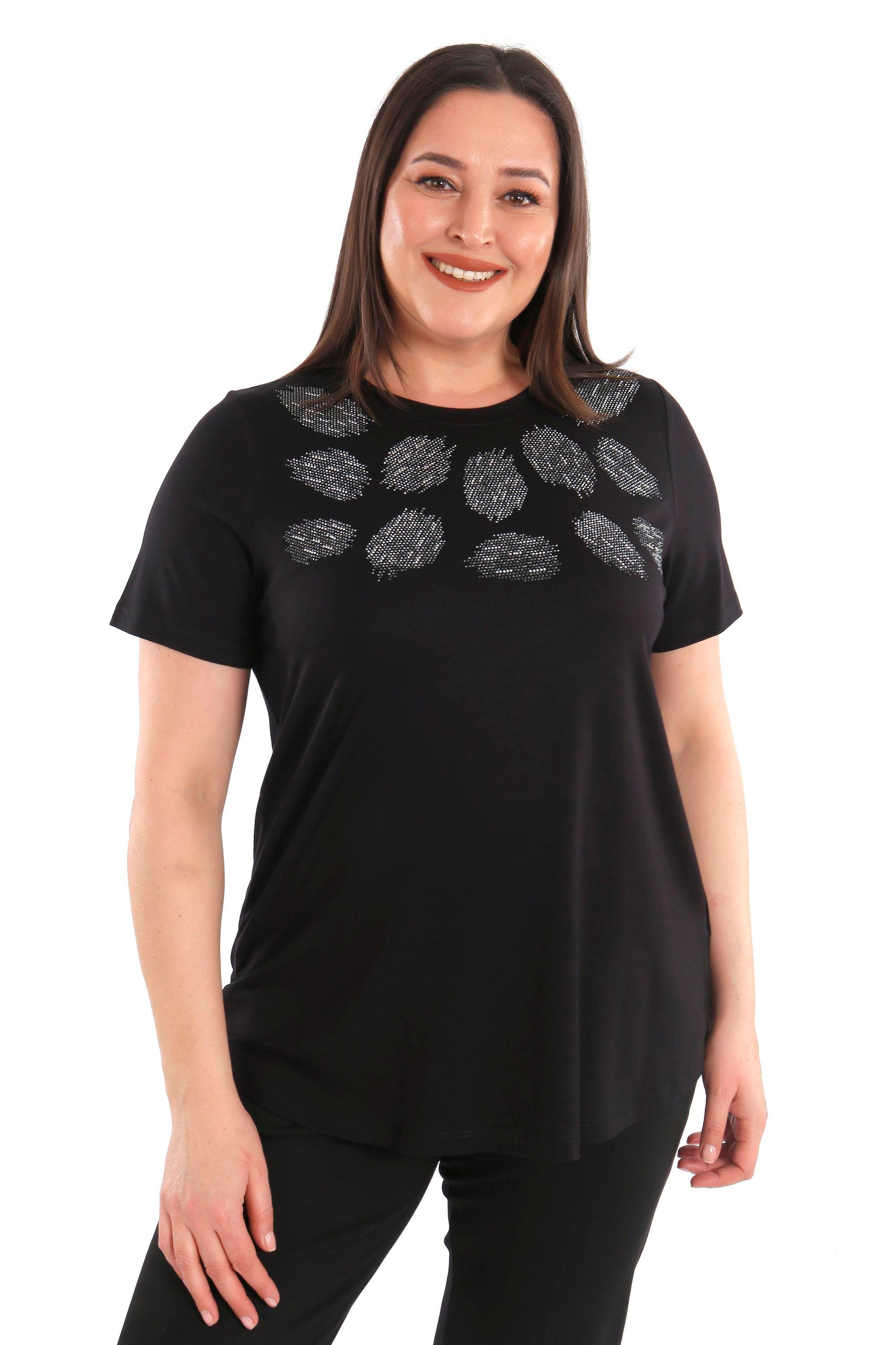 Trend42plus Crystal taşlı Kısa Kol Büyük Beden Viskoz Siyah Kadın T-Shirt