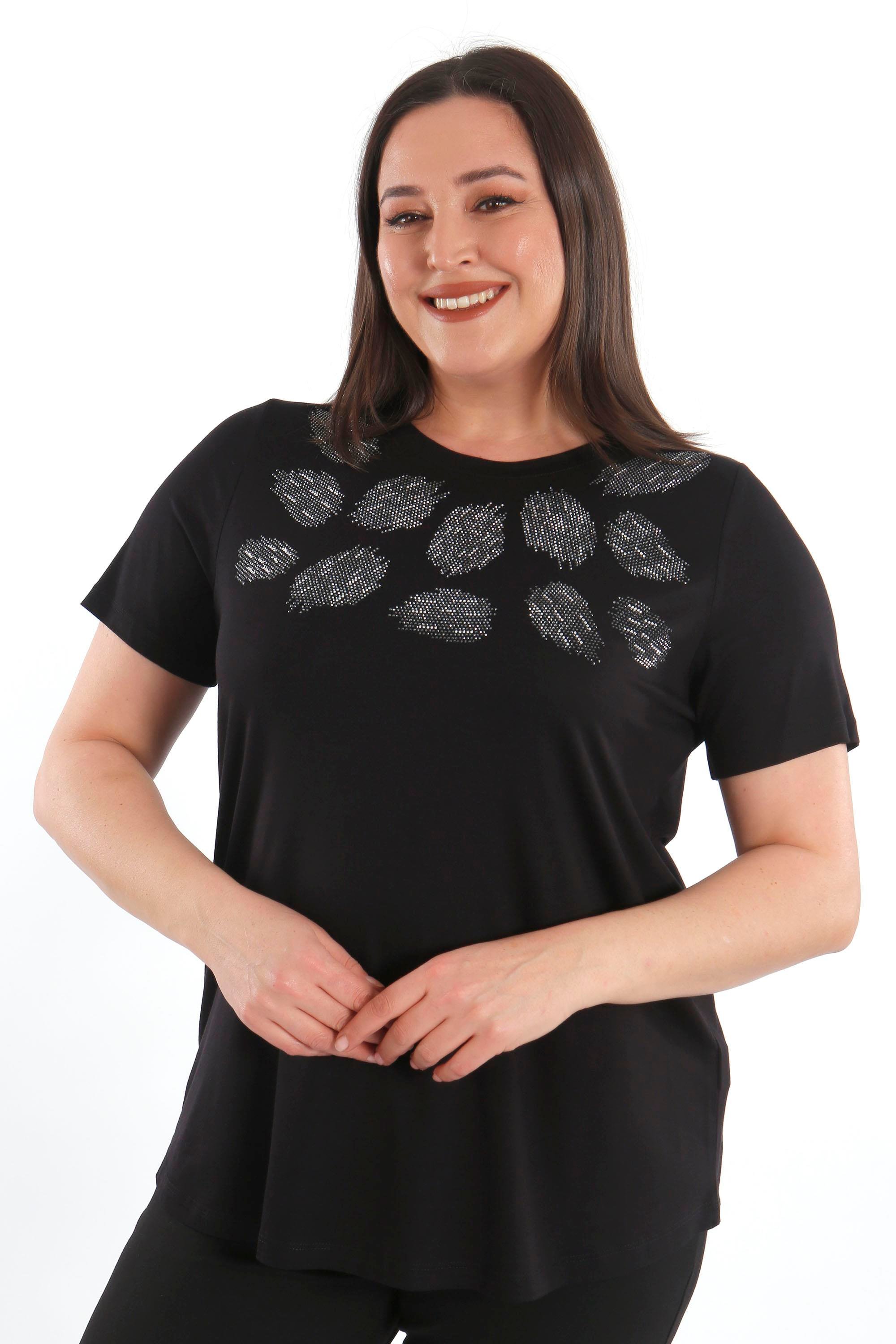 Trend42plus Crystal taşlı Kısa Kol Büyük Beden Viskoz Siyah Kadın T-Shirt