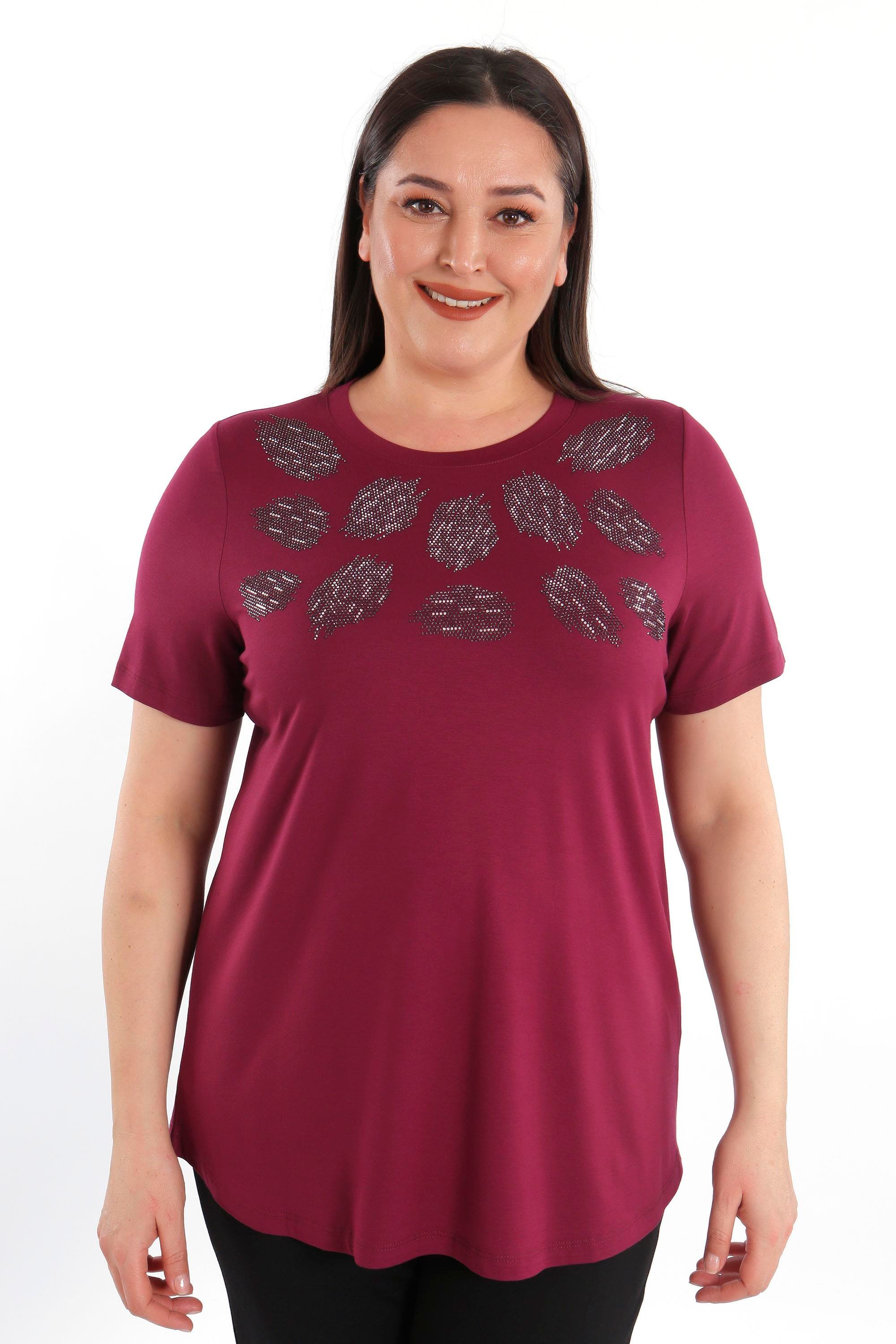 Trend42plus Crystal taşlı Kısa Kol Büyük Beden Viskoz Bordo Kadın T-Shirt