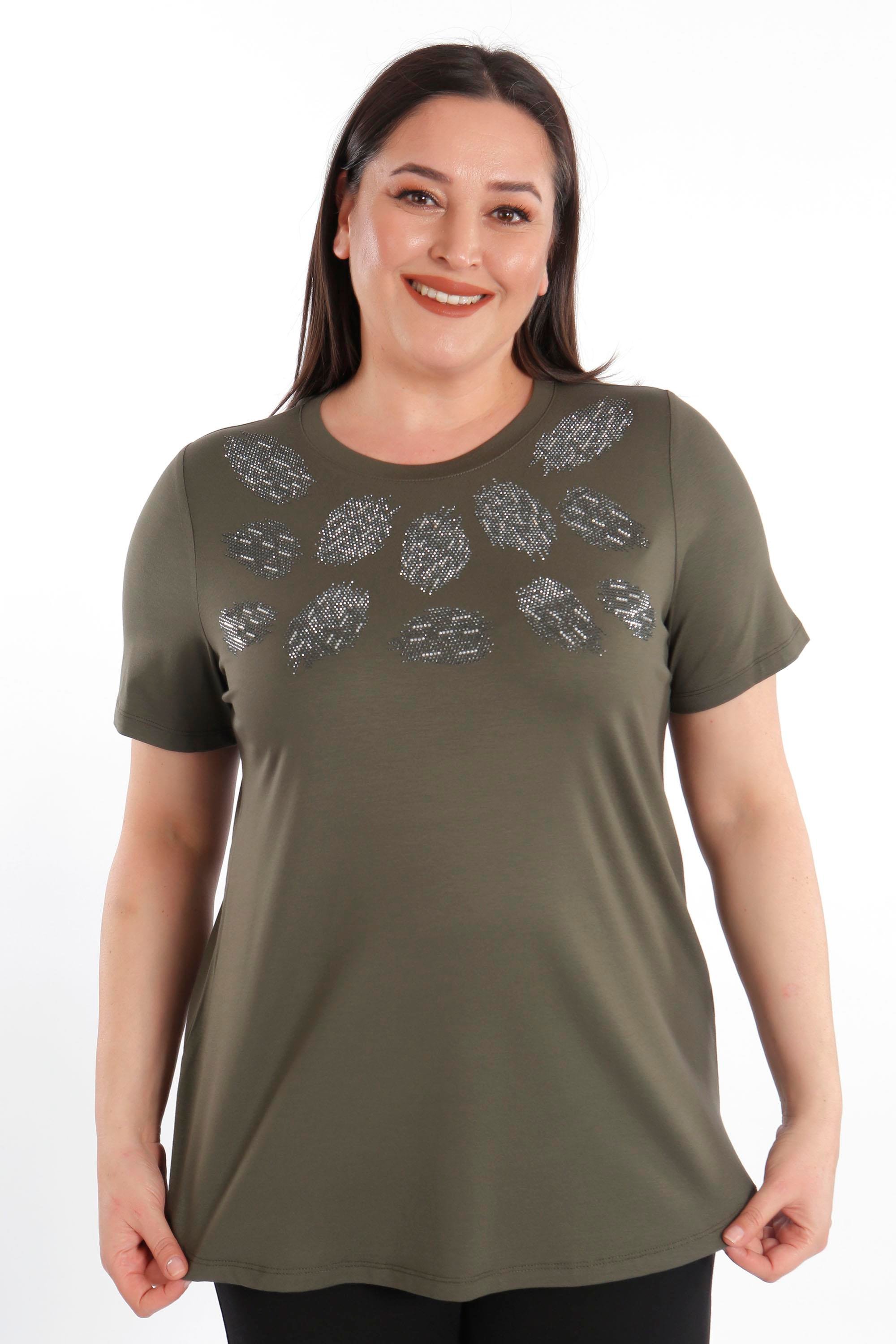 Trend42plus Crystal taşlı Kısa Kol Büyük Beden Viskoz Haki Kadın T-Shirt
