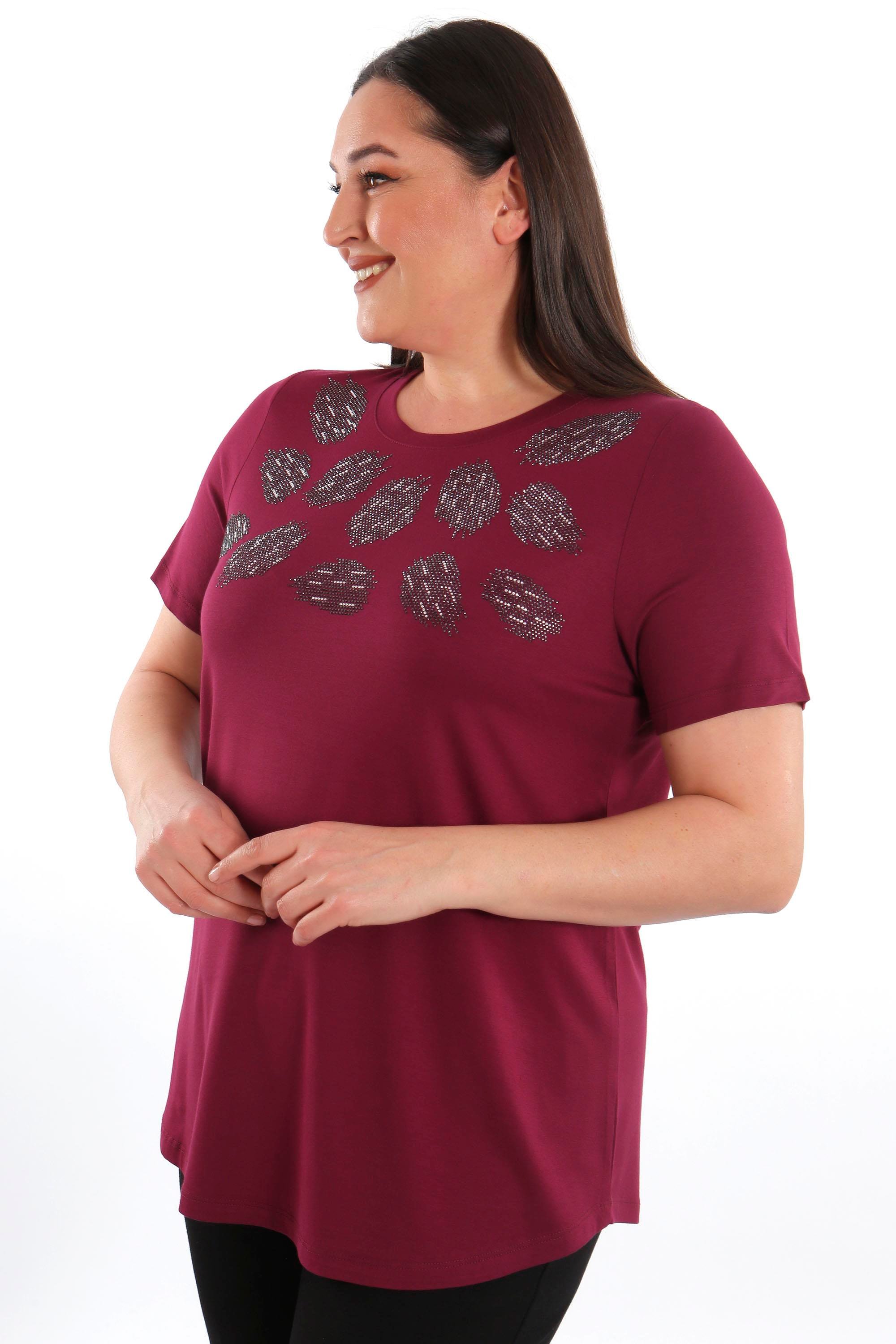 Trend42plus Crystal taşlı Kısa Kol Büyük Beden Viskoz Bordo Kadın T-Shirt