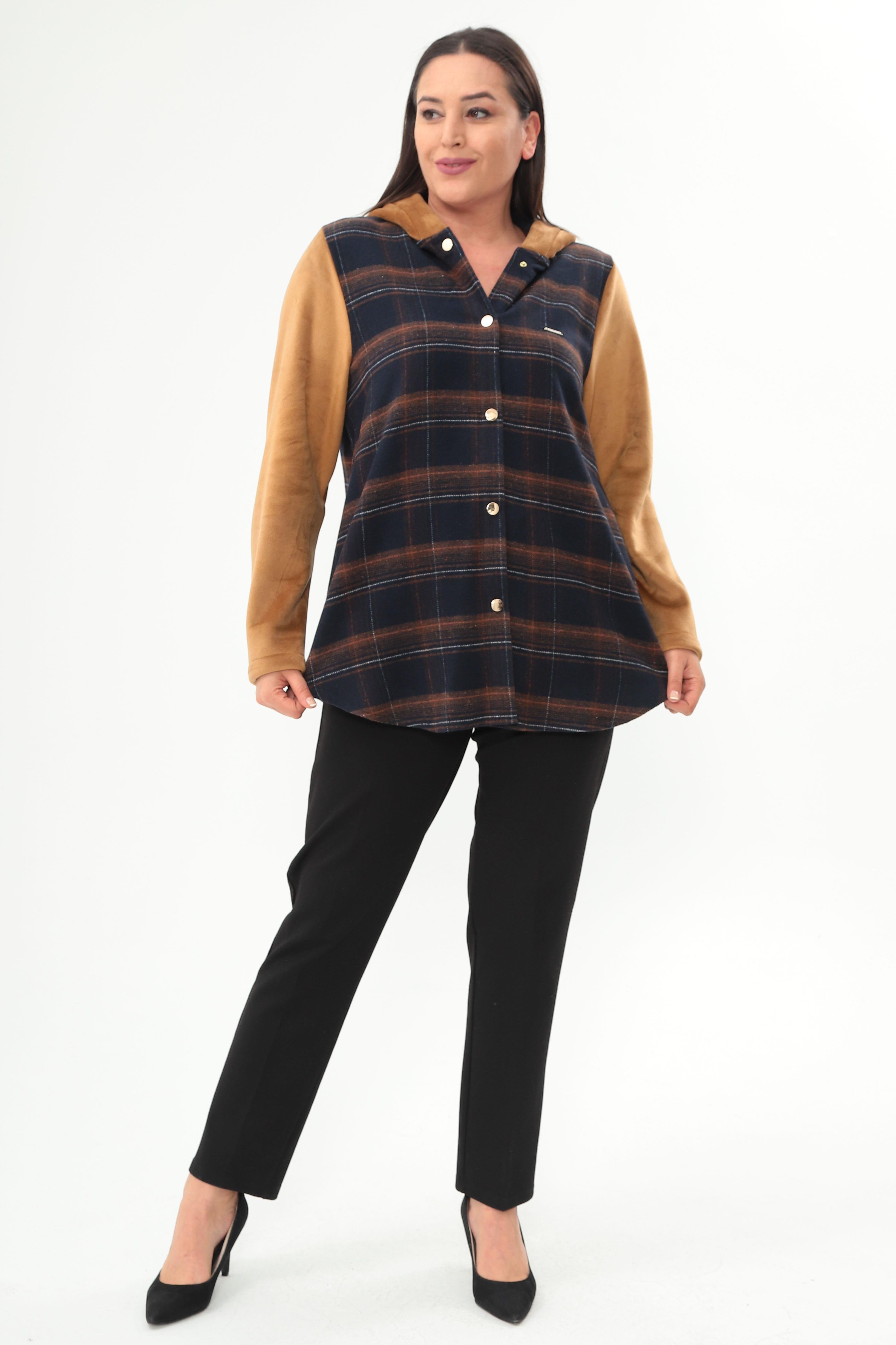 Trend42plus Ekose Desen Çıt Çıt Düğmeli Cep Detaylı İndigo Mont