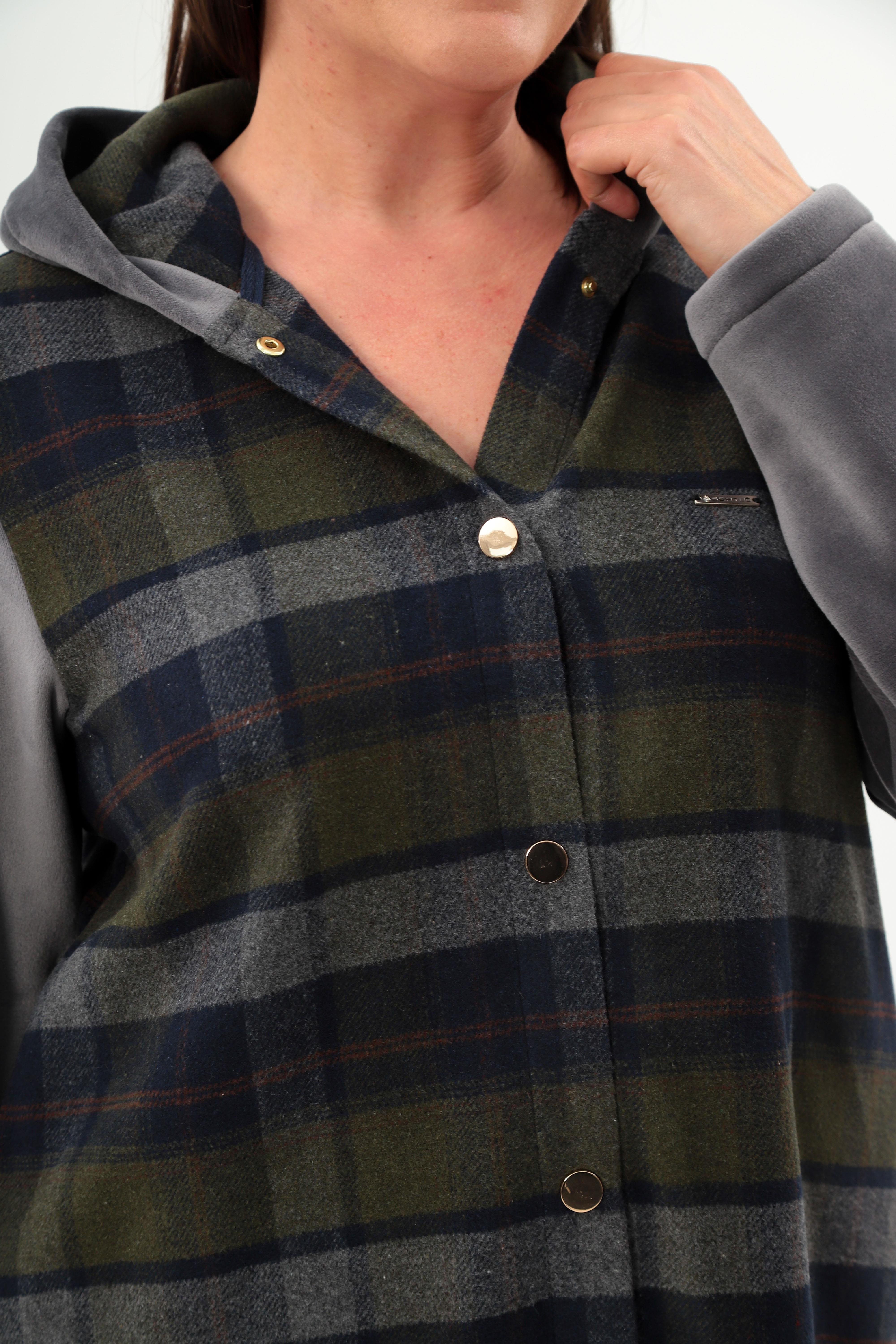 Trend42plus Ekose Desen Çıt Çıt Düğmeli Cep Detaylı Haki Mont