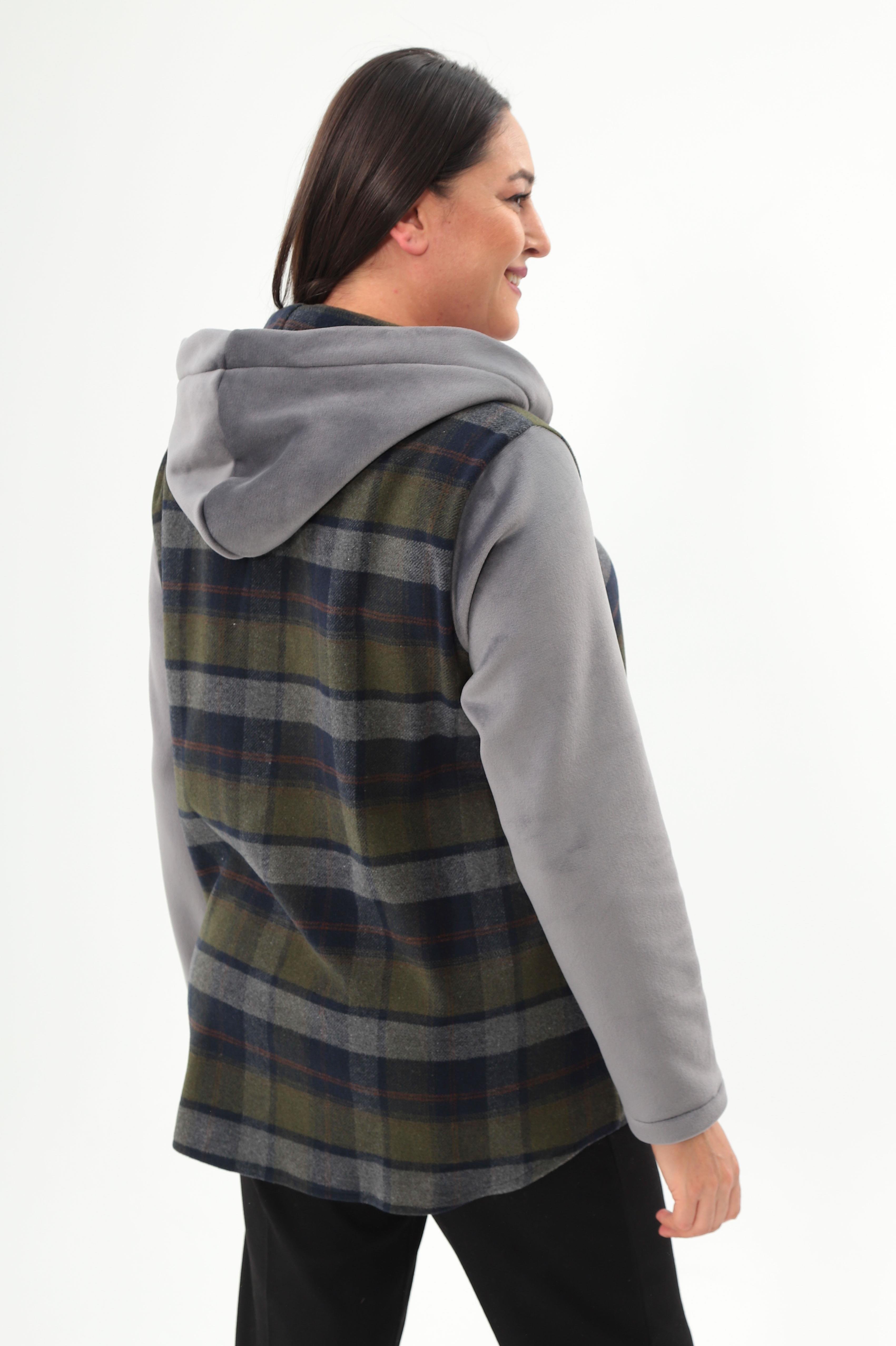 Trend42plus Ekose Desen Çıt Çıt Düğmeli Cep Detaylı Haki Mont