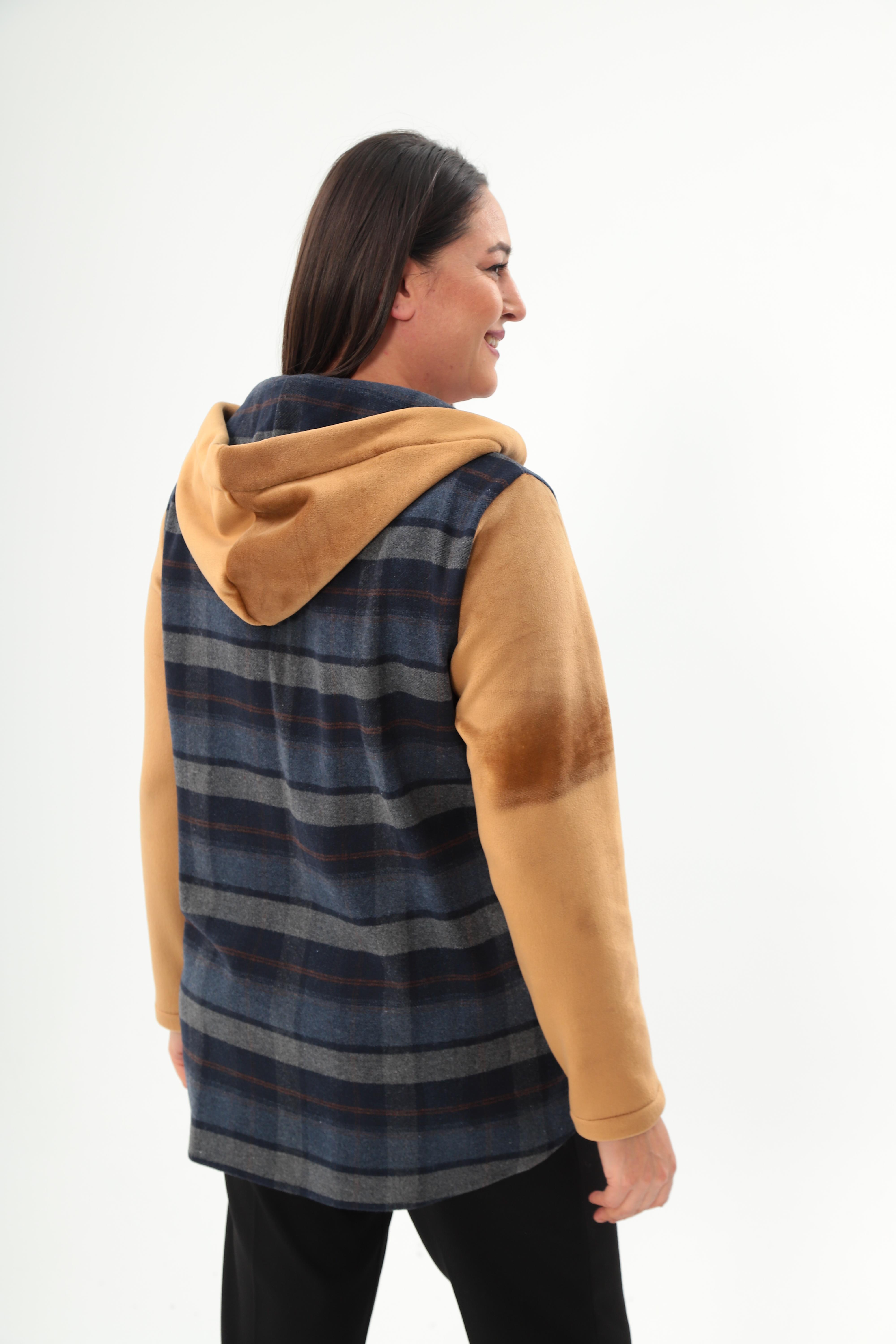 Trend42plus Ekose Desen Çıt Çıt Düğmeli Cep Detaylı Lacivert Mont