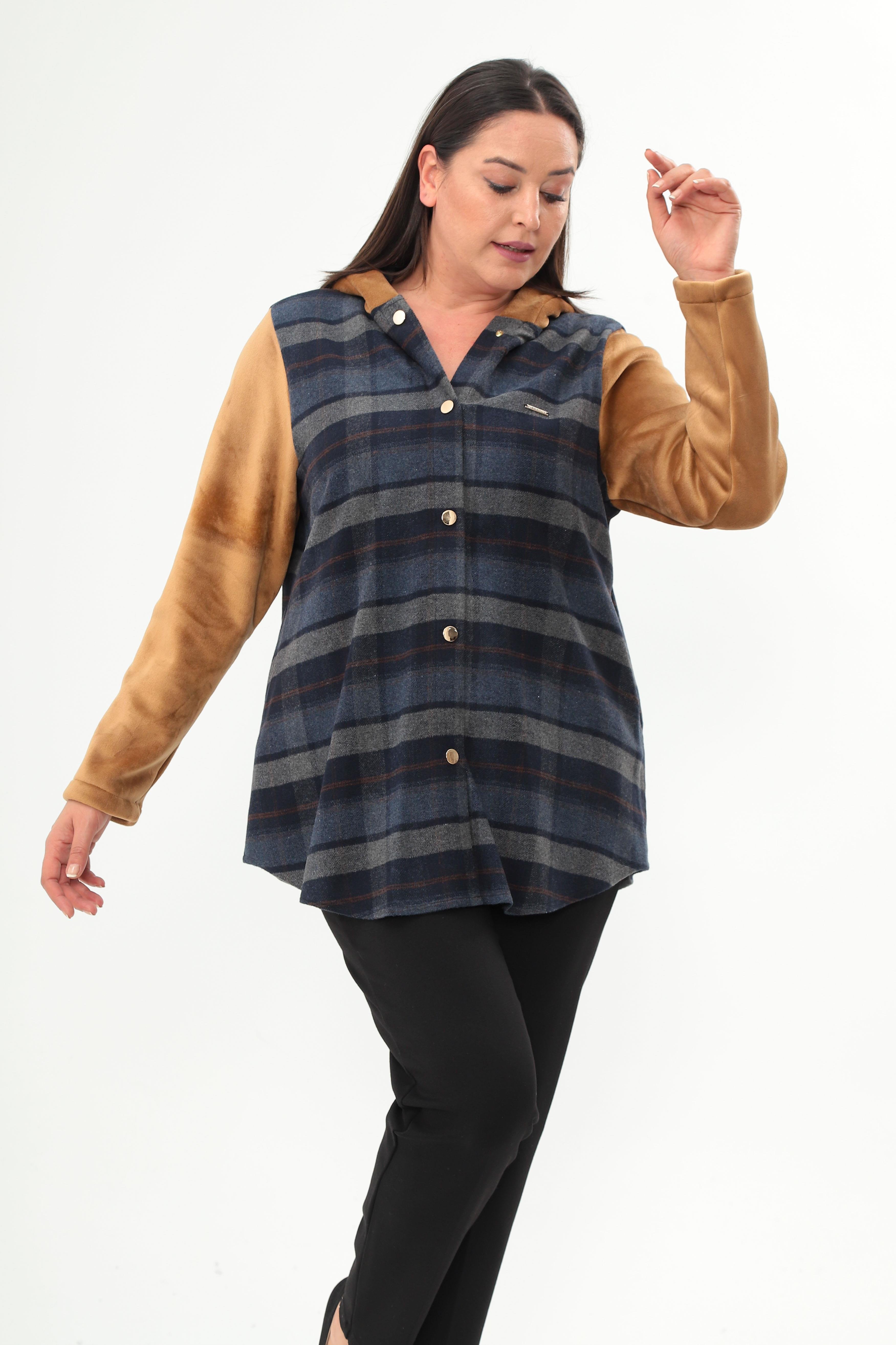 Trend42plus Ekose Desen Çıt Çıt Düğmeli Cep Detaylı Lacivert Mont