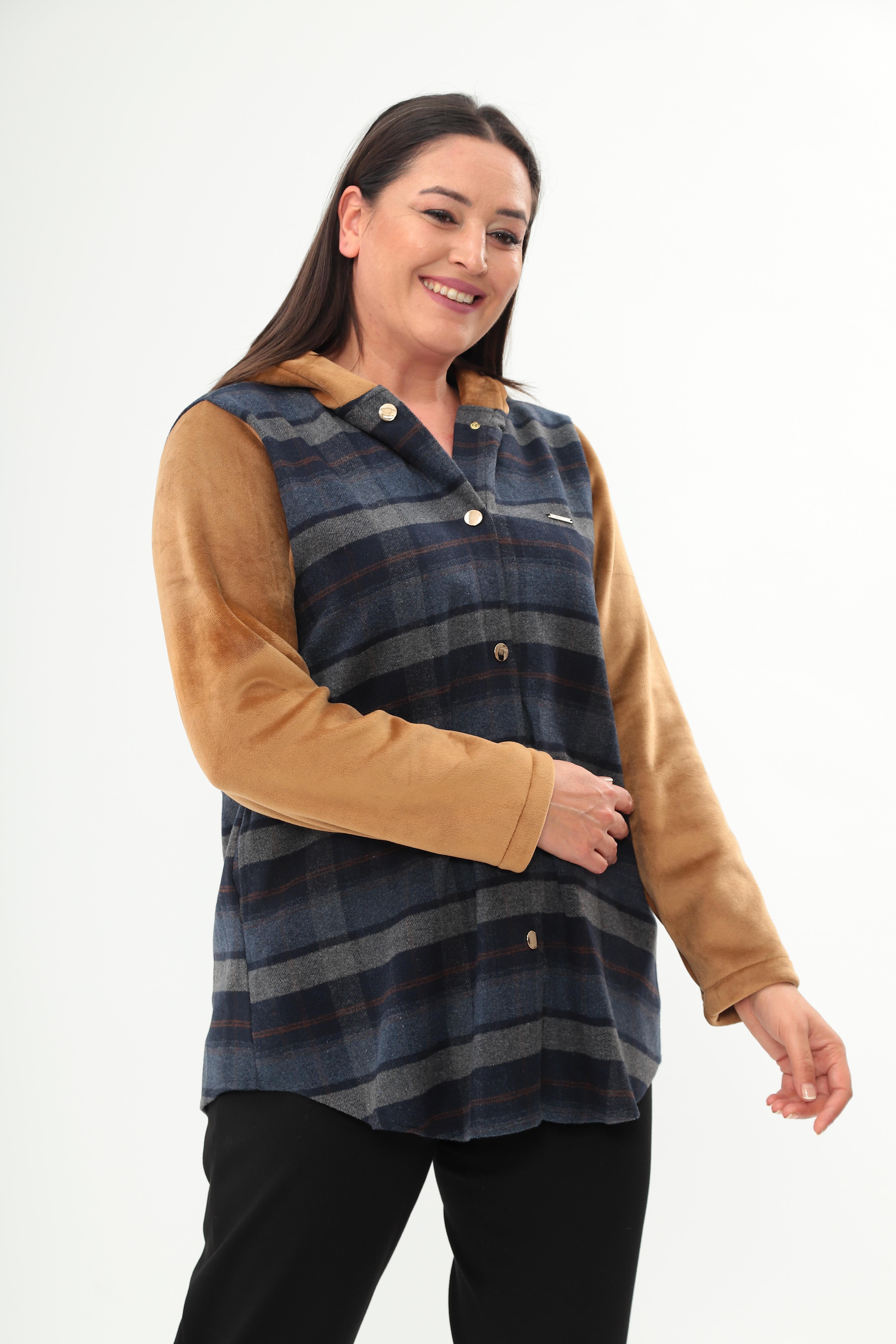 Trend42plus Ekose Desen Çıt Çıt Düğmeli Cep Detaylı Lacivert Mont