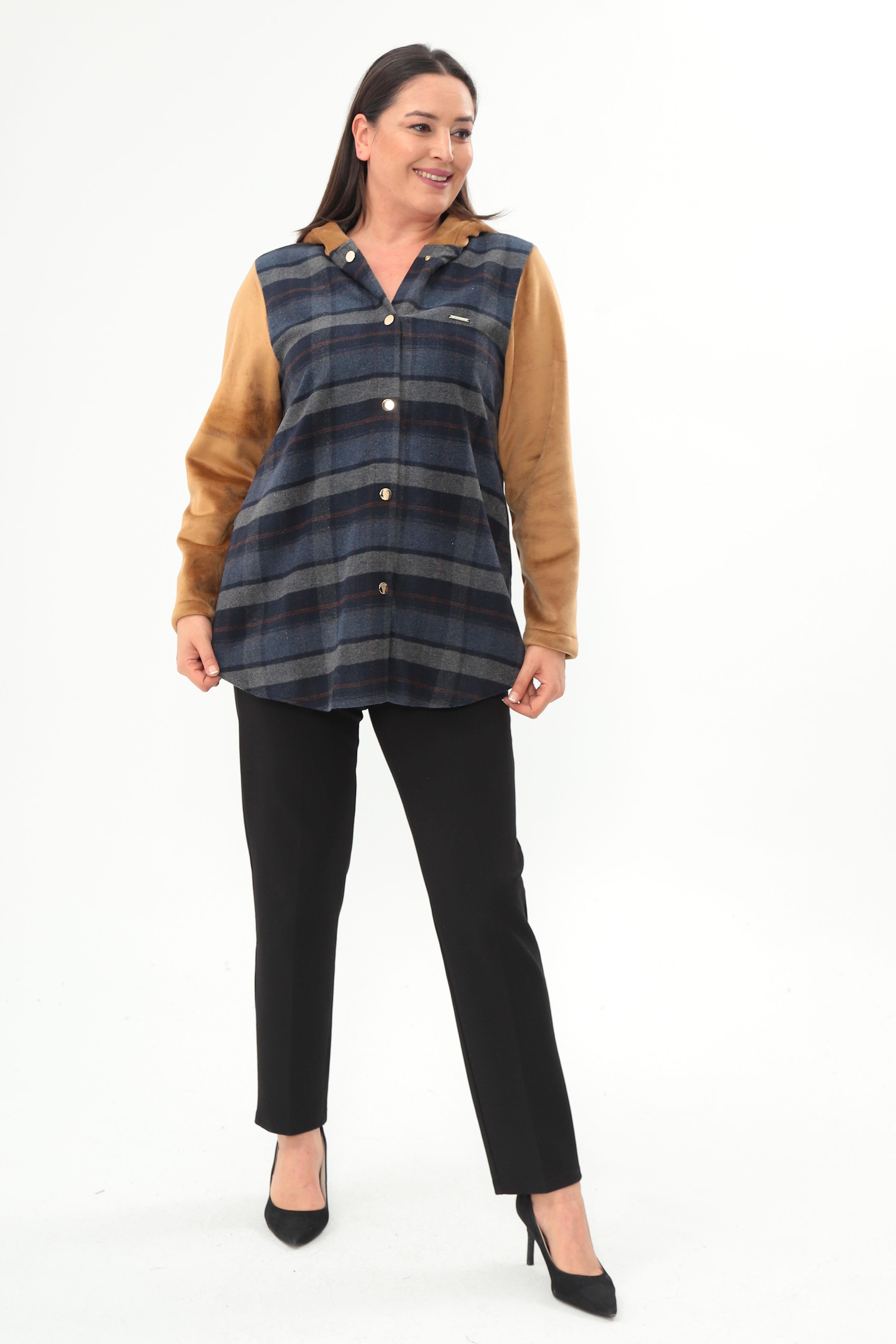 Trend42plus Ekose Desen Çıt Çıt Düğmeli Cep Detaylı Lacivert Mont