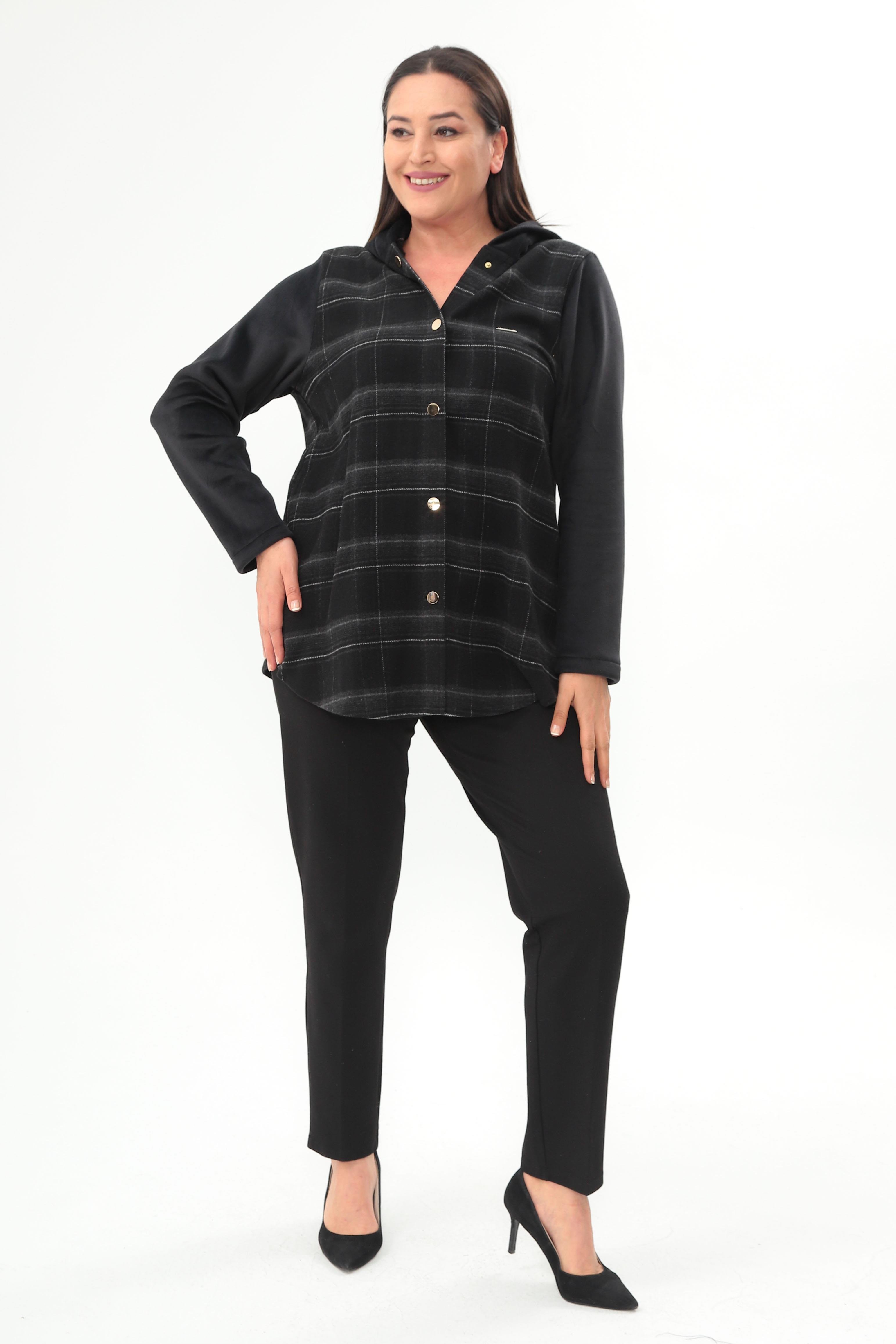 Trend42plus Ekose Desen Çıt Çıt Düğmeli Cep Detaylı Siyah Mont