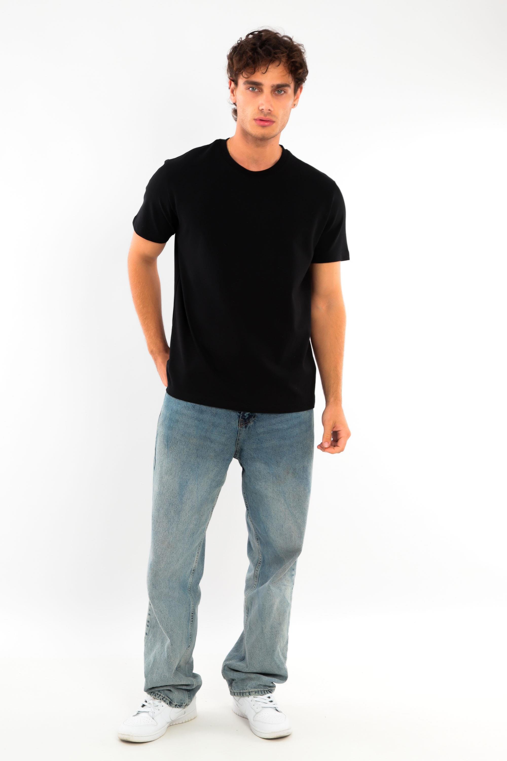 Trend42plus Erkek Bisiklet Yaka %100 Pamuk Kalın Dokulu Siyah T-Shirt