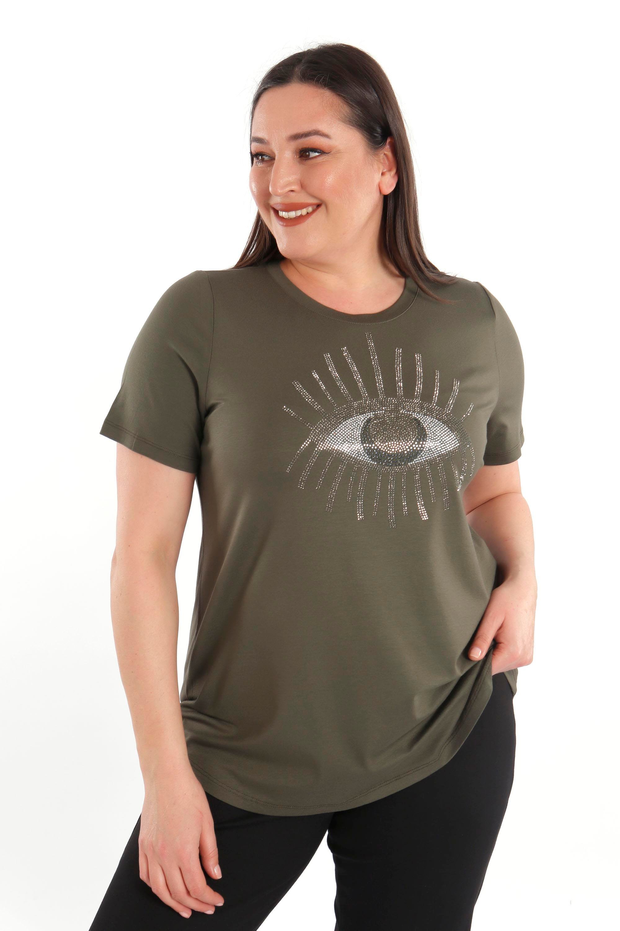 Trend42plus Göz Crystal Taşlı Kısa Kol Büyük Beden Viskoz Haki Kadın T-Shirt