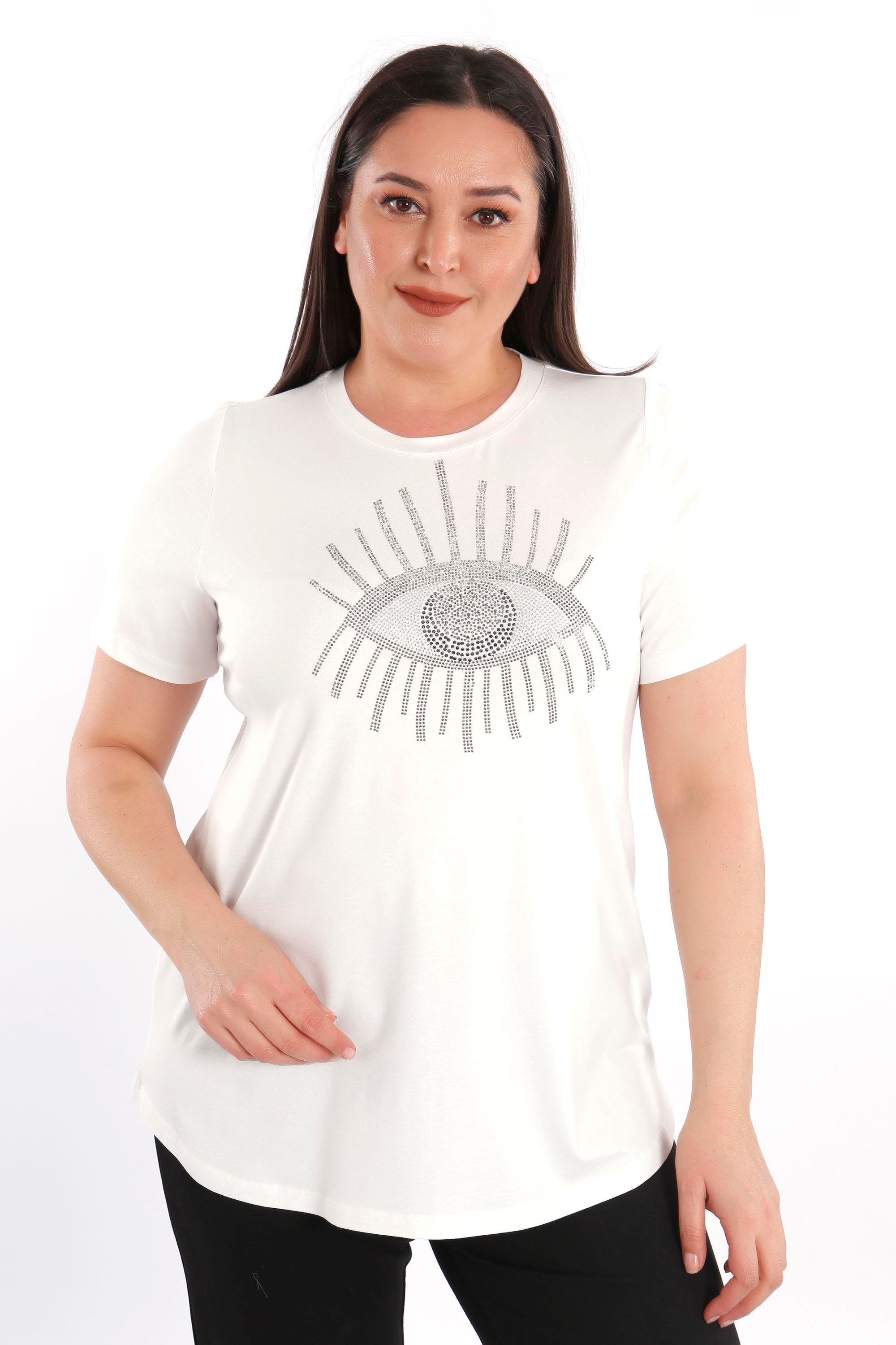 Trend42plus Göz Crystal Taşlı Kısa Kol Büyük Beden Viskoz Ekru Kadın T-Shirt
