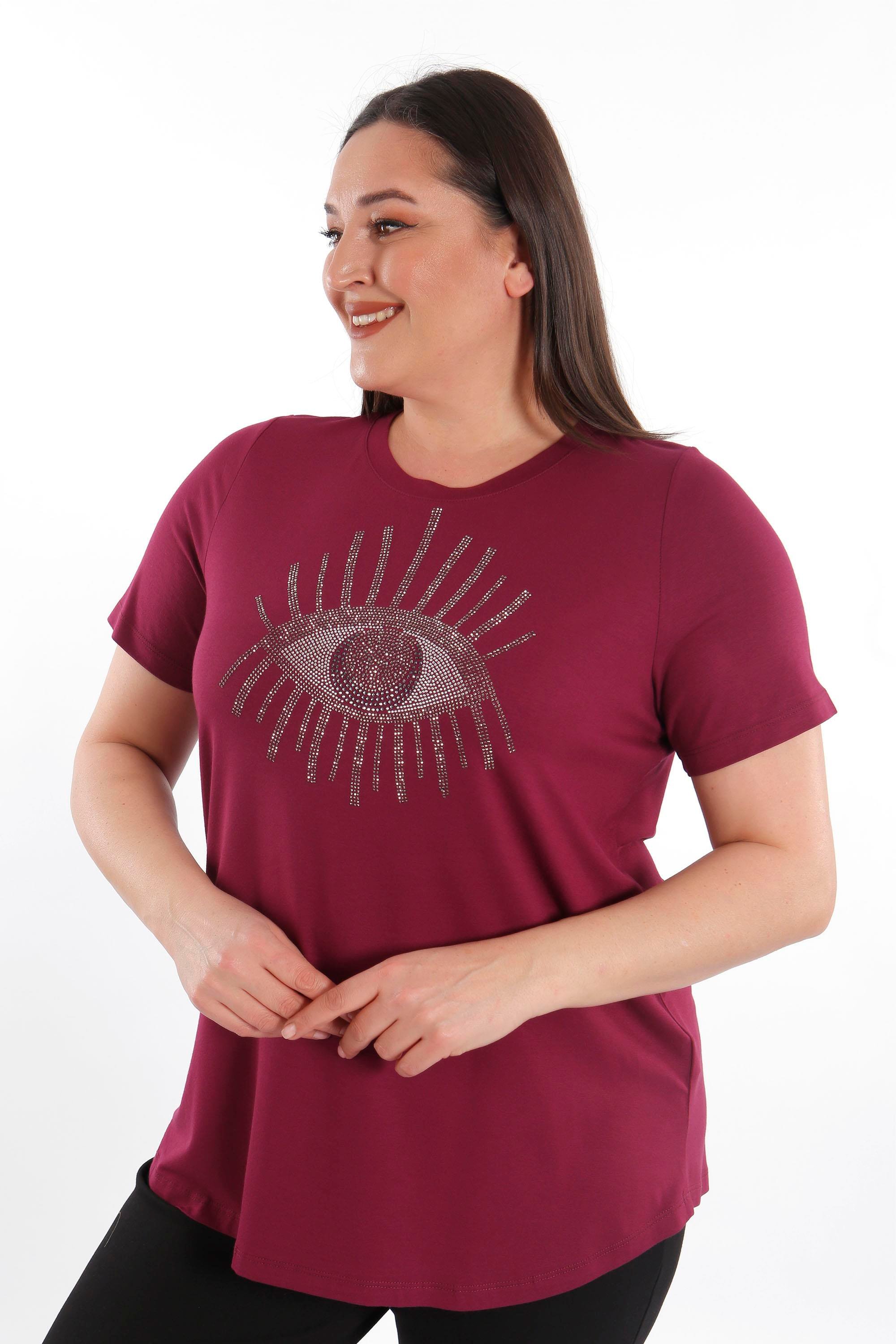 Trend42plus Göz Crystal Taşlı Kısa Kol Büyük Beden Viskoz Bordo Kadın T-Shirt