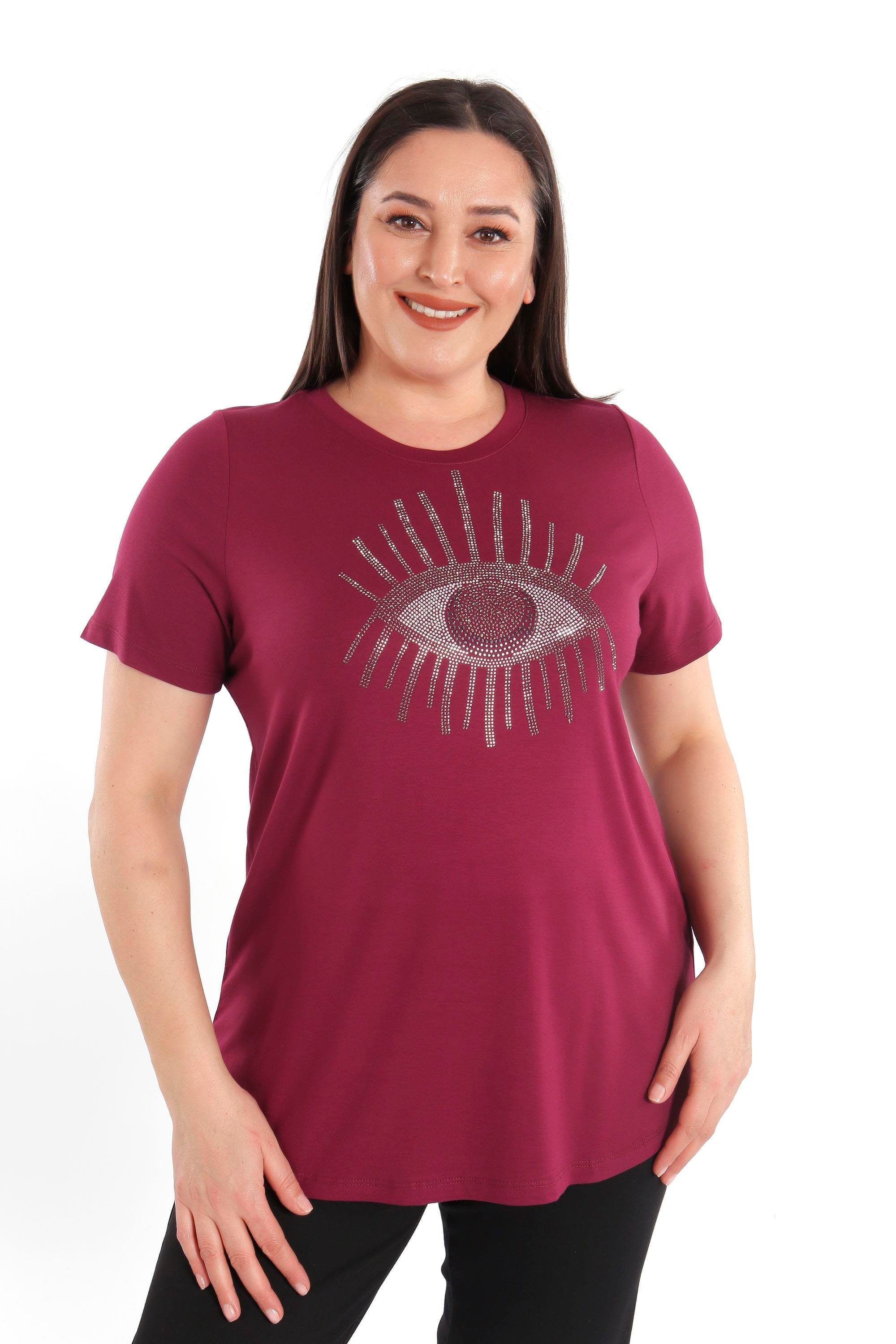 Trend42plus Göz Crystal Taşlı Kısa Kol Büyük Beden Viskoz Bordo Kadın T-Shirt