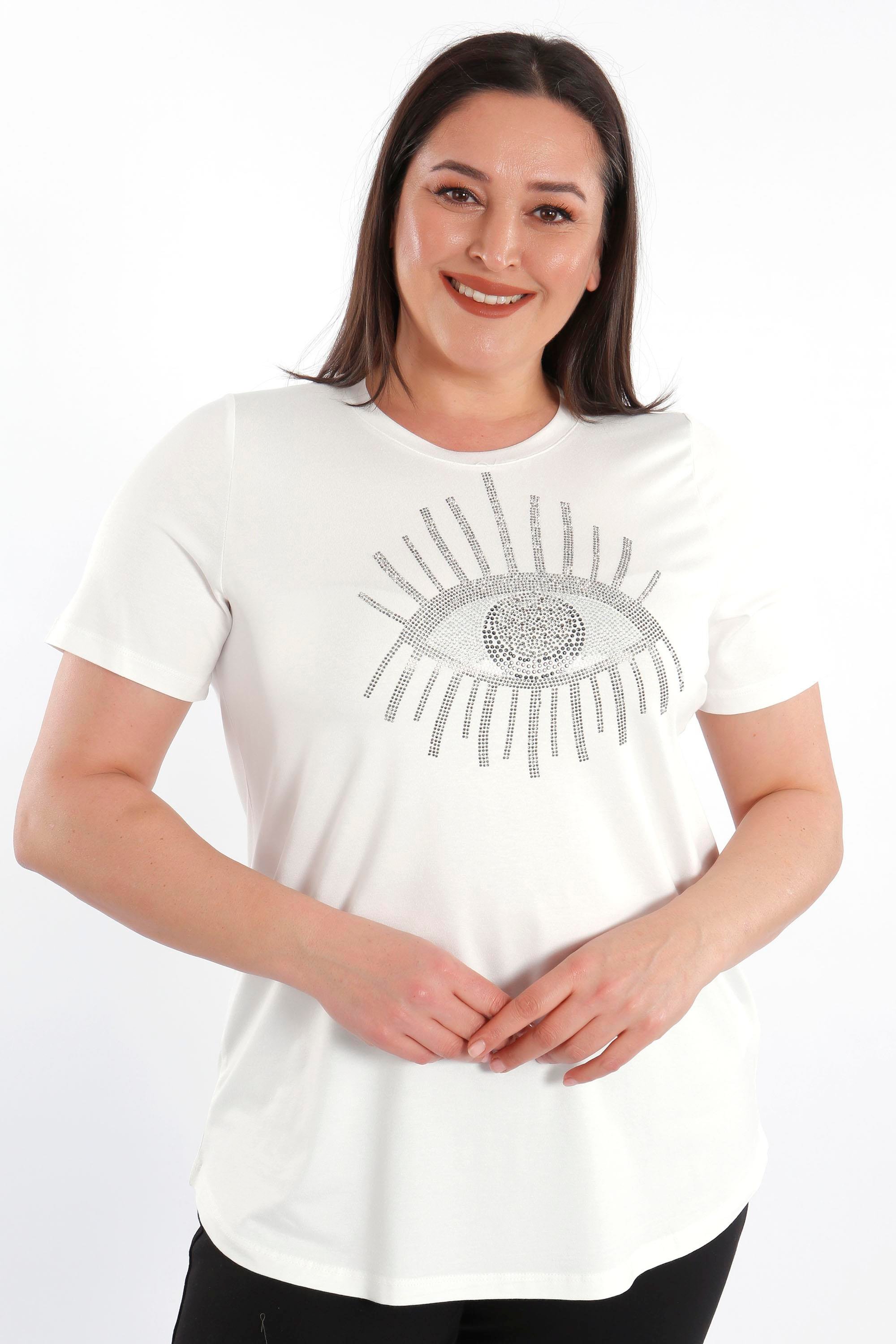Trend42plus Göz Crystal Taşlı Kısa Kol Büyük Beden Viskoz Ekru Kadın T-Shirt