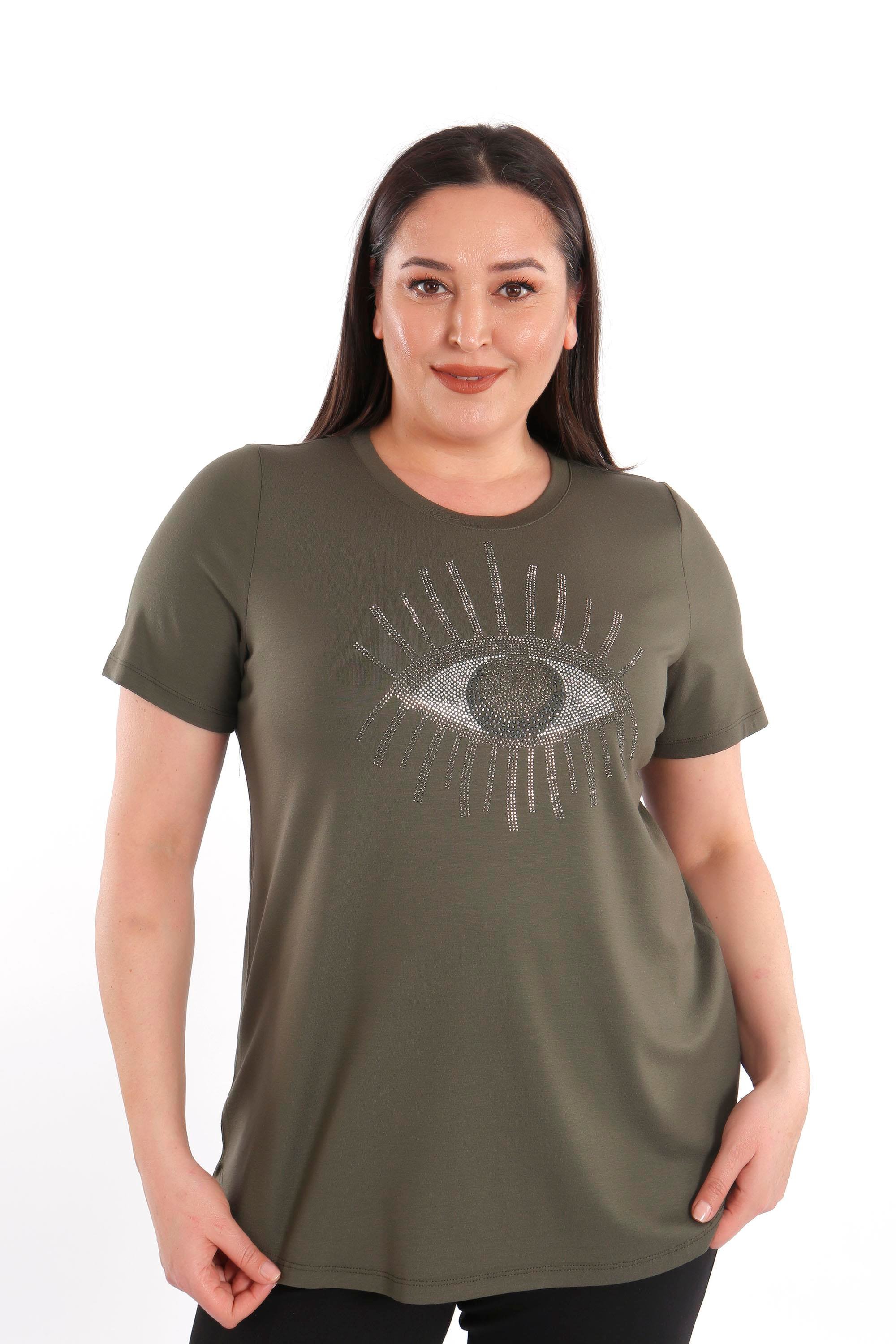 Trend42plus Göz Crystal Taşlı Kısa Kol Büyük Beden Viskoz Haki Kadın T-Shirt
