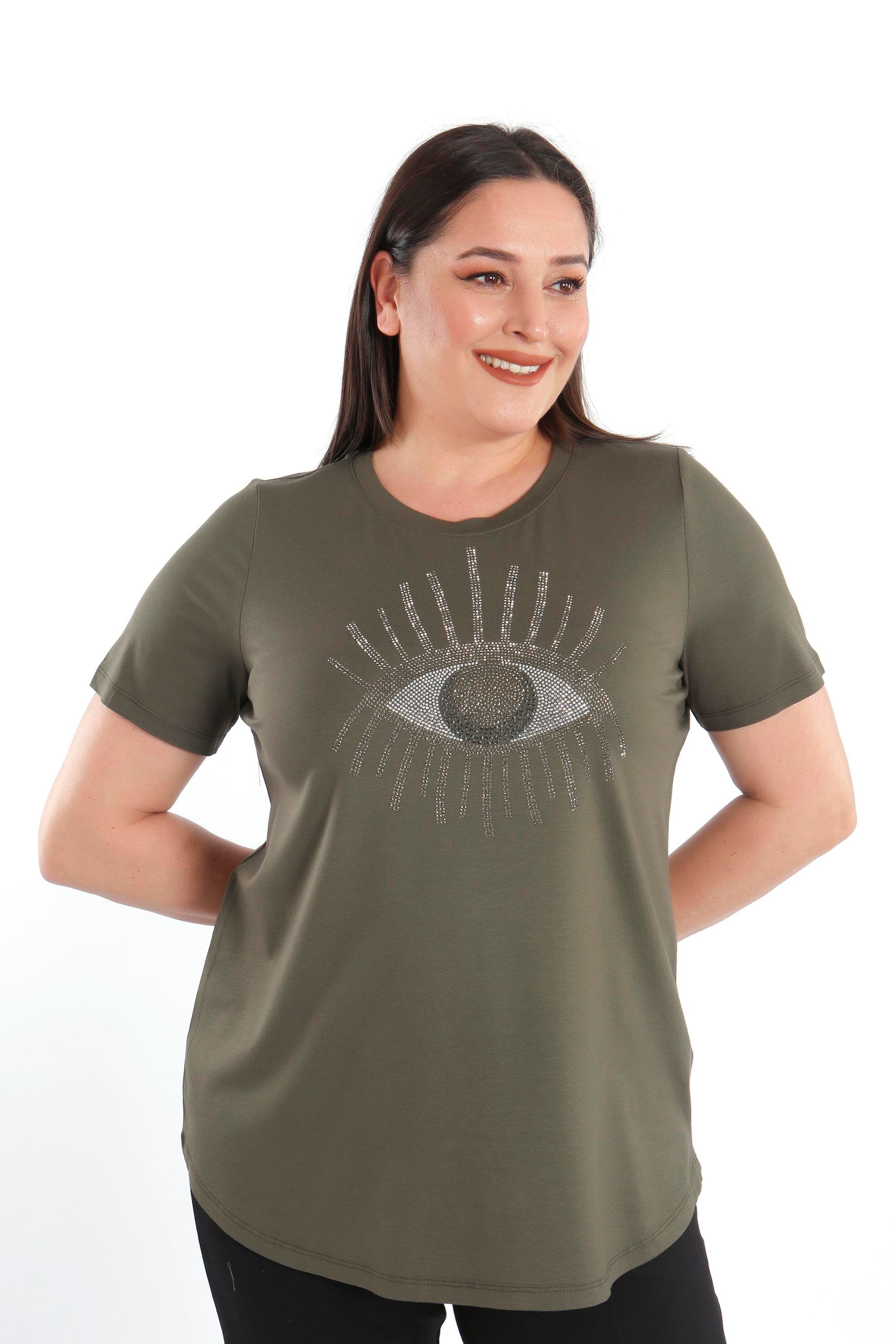 Trend42plus Göz Crystal Taşlı Kısa Kol Büyük Beden Viskoz Haki Kadın T-Shirt
