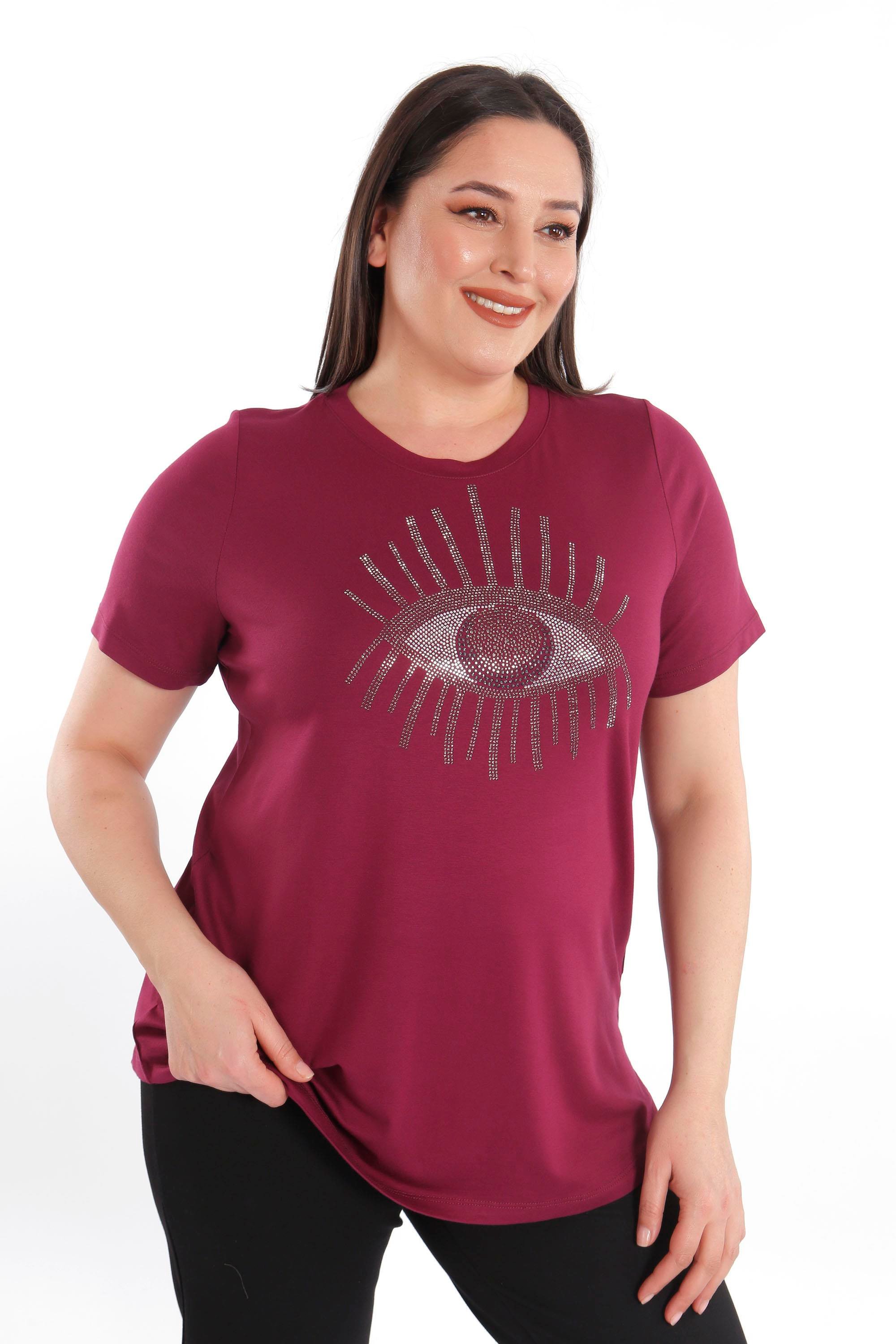 Trend42plus Göz Crystal Taşlı Kısa Kol Büyük Beden Viskoz Bordo Kadın T-Shirt
