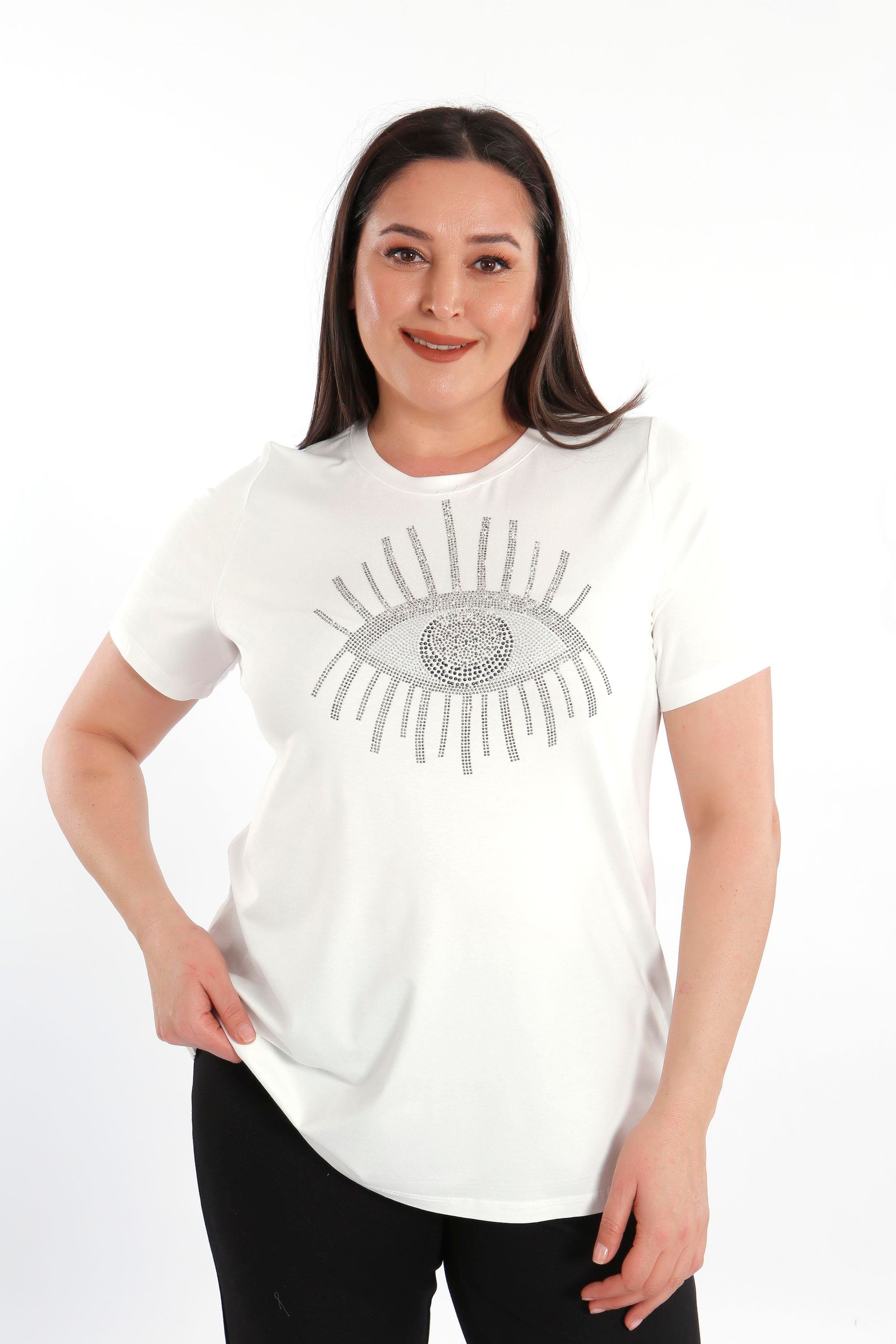 Trend42plus Göz Crystal Taşlı Kısa Kol Büyük Beden Viskoz Ekru Kadın T-Shirt