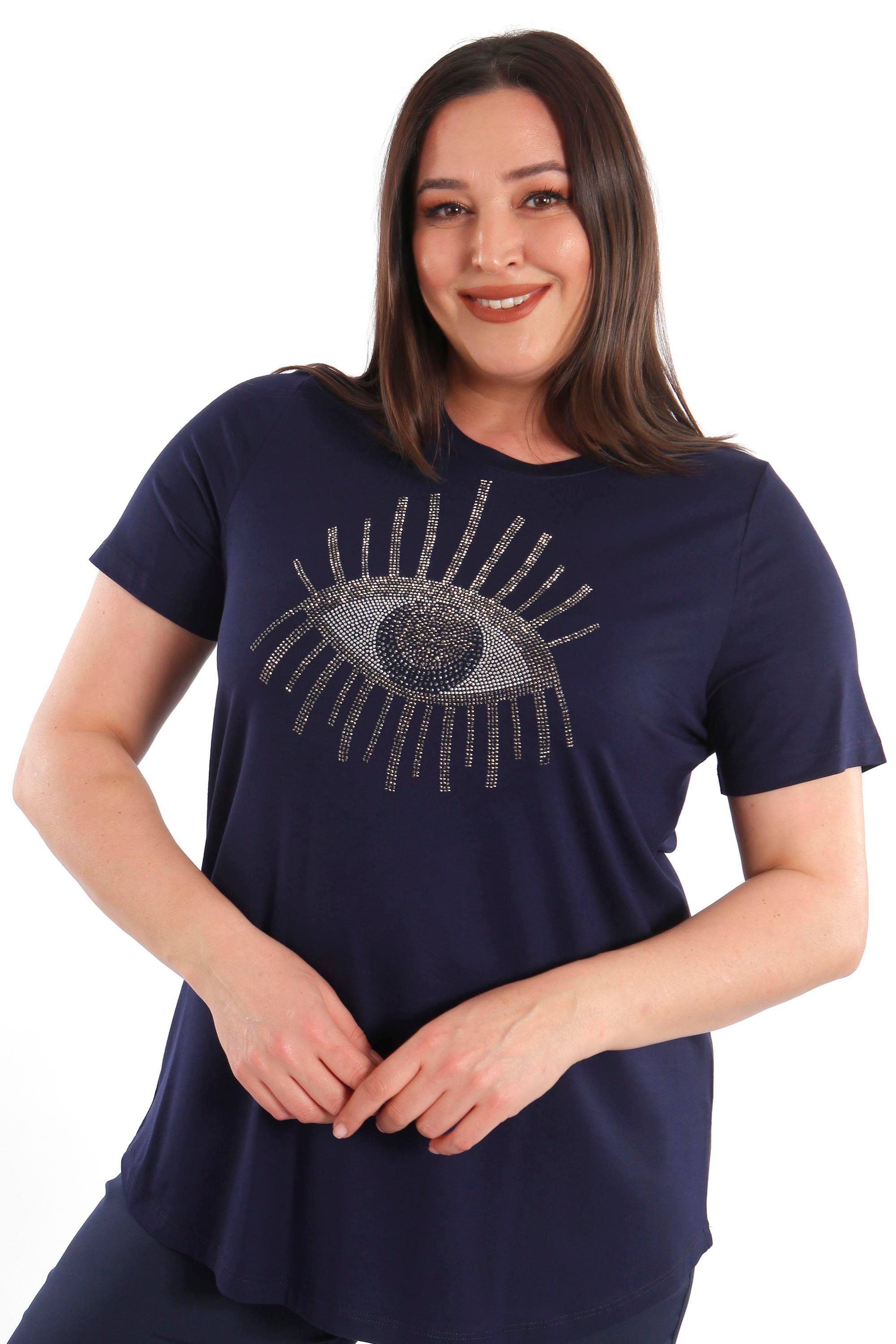 Trend42plus Göz Crystal Taşlı Kısa Kol Büyük Beden Viskoz Lacivert Kadın T-Shirt