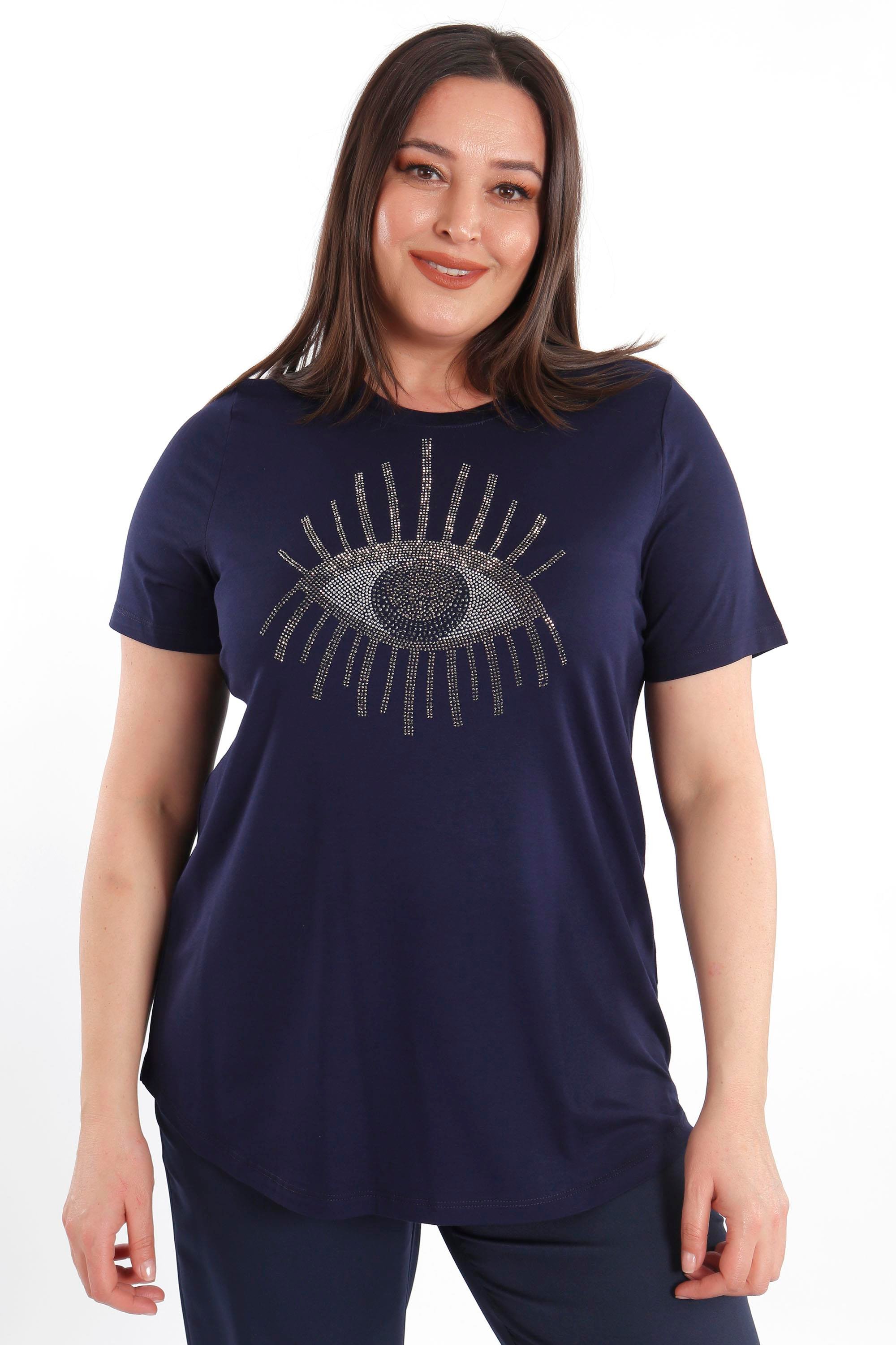 Trend42plus Göz Crystal Taşlı Kısa Kol Büyük Beden Viskoz Lacivert Kadın T-Shirt