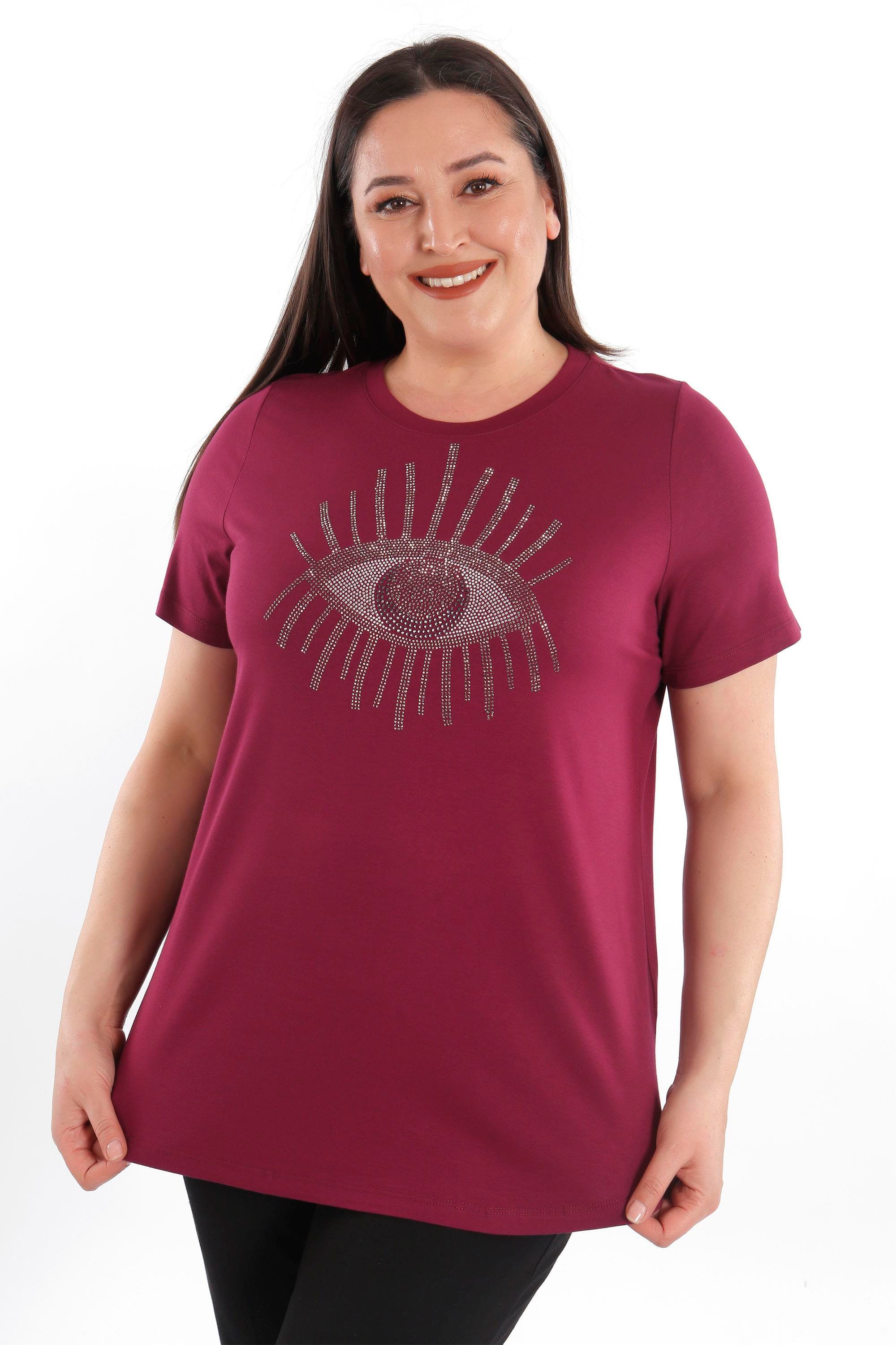 Trend42plus Göz Crystal Taşlı Kısa Kol Büyük Beden Viskoz Bordo Kadın T-Shirt