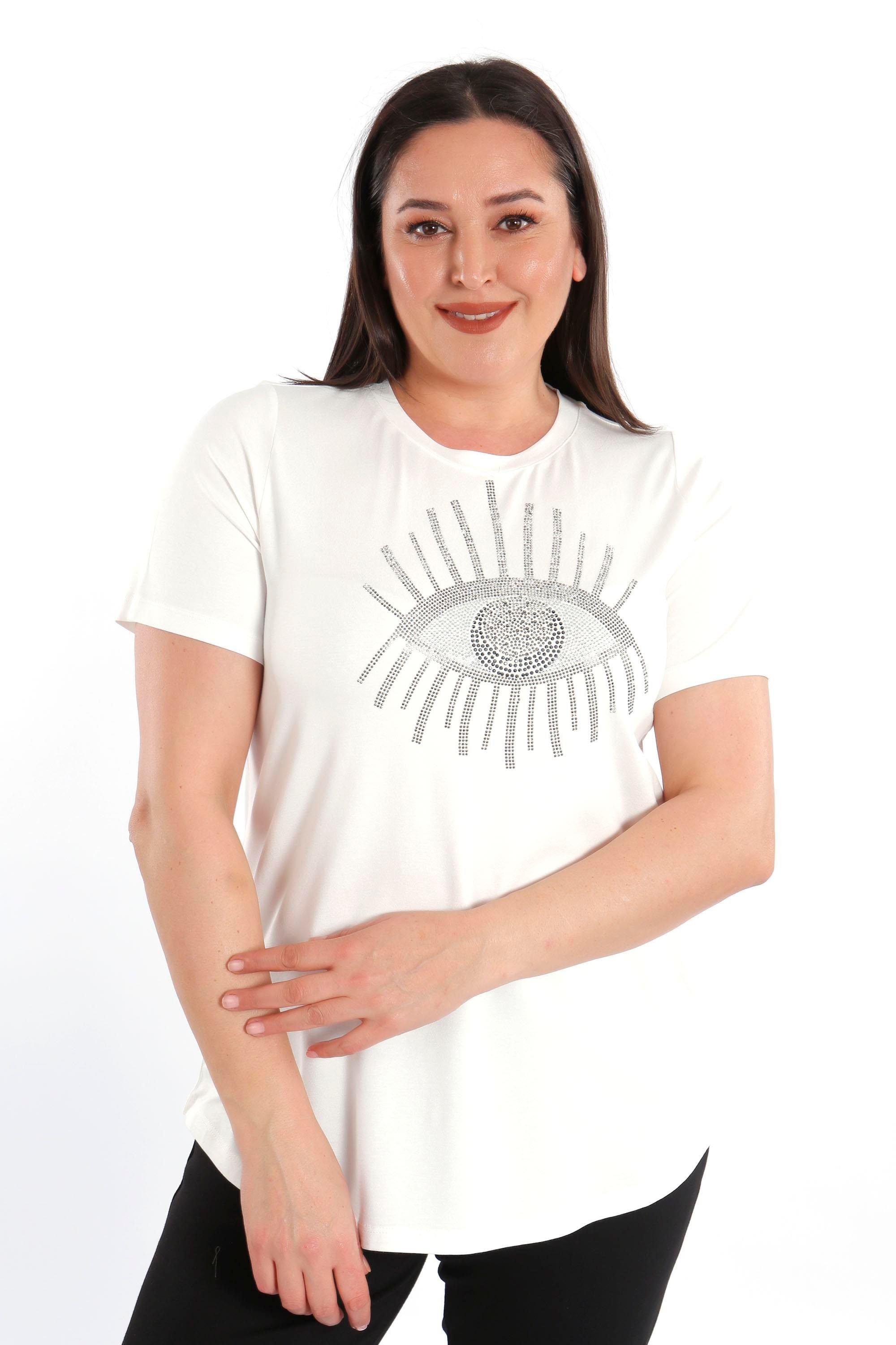 Trend42plus Göz Crystal Taşlı Kısa Kol Büyük Beden Viskoz Ekru Kadın T-Shirt