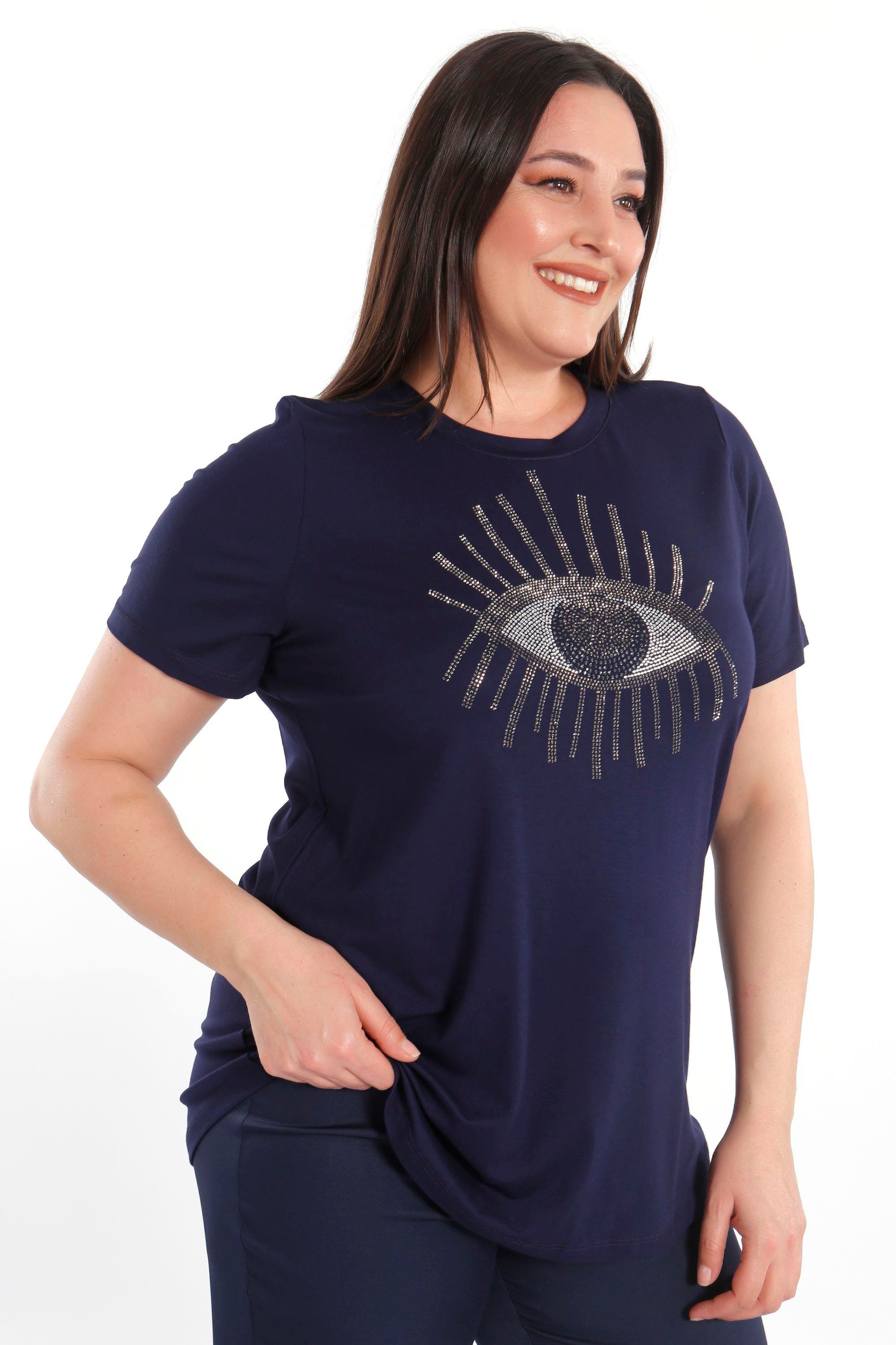 Trend42plus Göz Crystal Taşlı Kısa Kol Büyük Beden Viskoz Lacivert Kadın T-Shirt