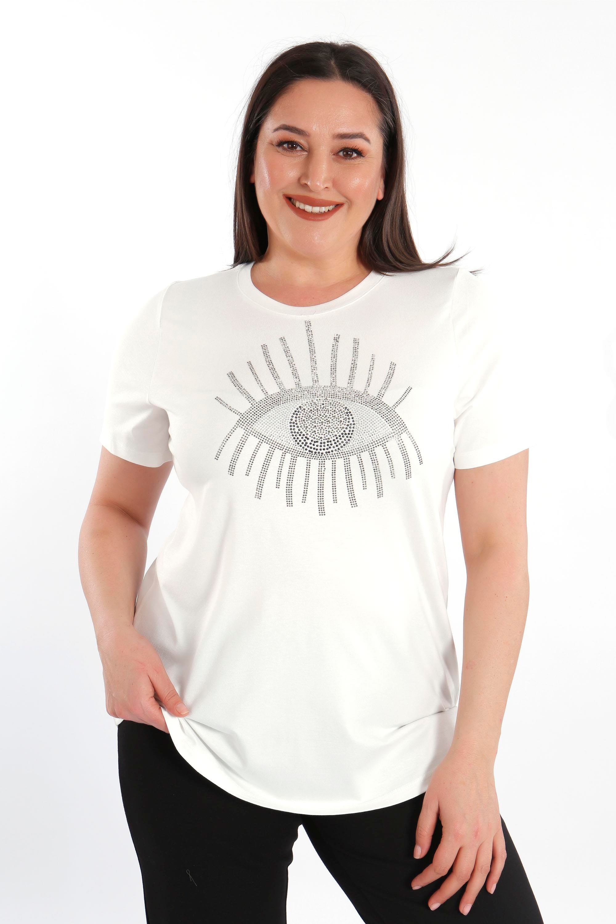 Trend42plus Göz Crystal Taşlı Kısa Kol Büyük Beden Viskoz Ekru Kadın T-Shirt