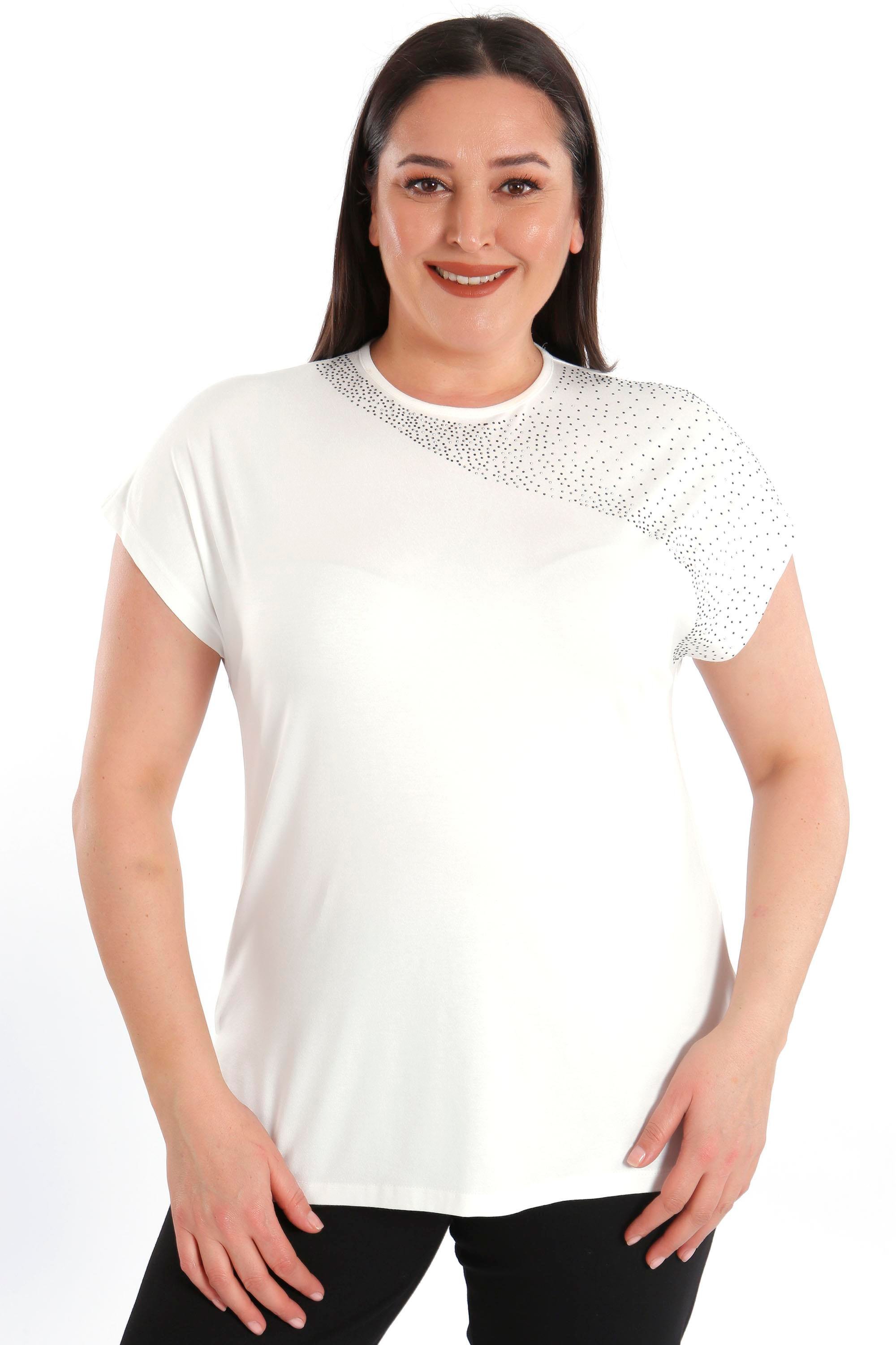 Trend42plus Omuz Kısmı Crystal taşlı Kısa Kol Büyük Beden Viskoz Ekru Kadın T-Shirt