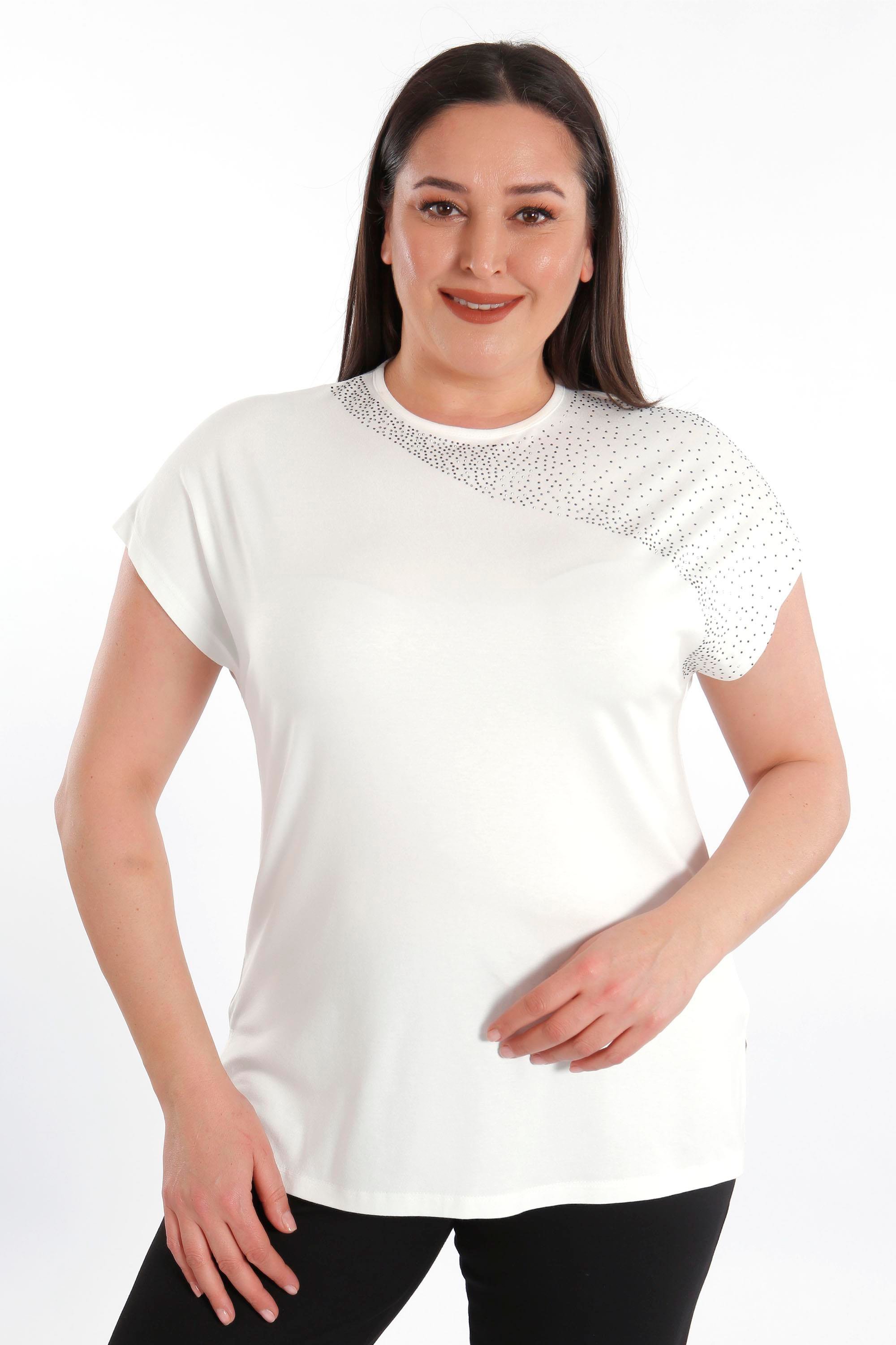 Trend42plus Omuz Kısmı Crystal taşlı Kısa Kol Büyük Beden Viskoz Ekru Kadın T-Shirt
